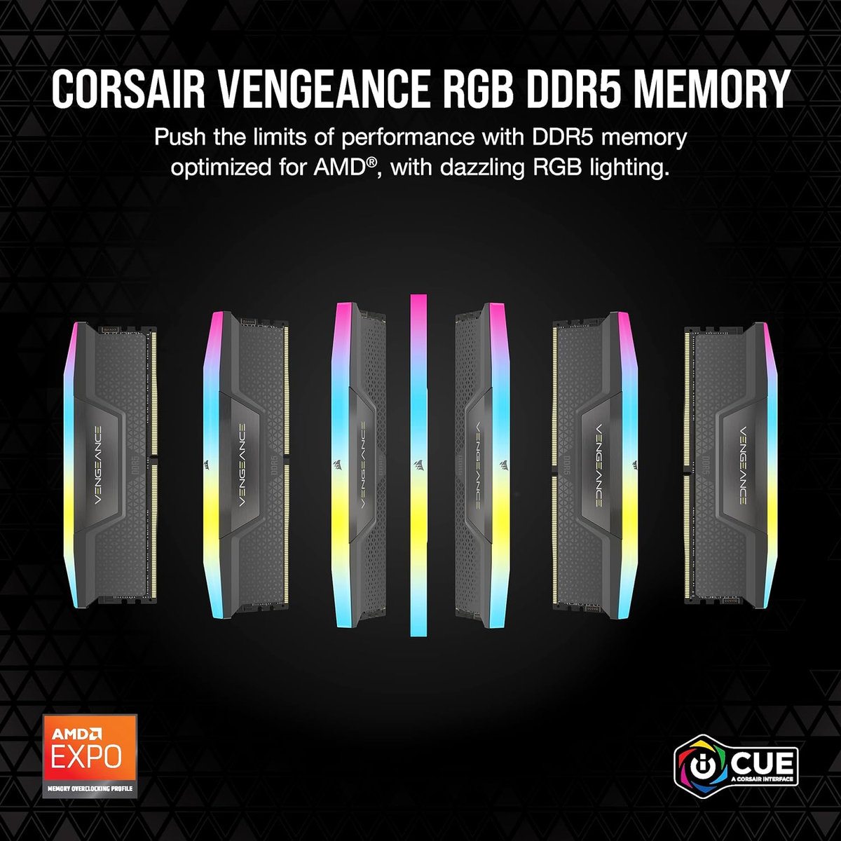 Sześć czarnych kości RAM z podświetleniem RGB. Widoczny jest tekst 'Corsair Vengeance RGB DDR5 Memory'.