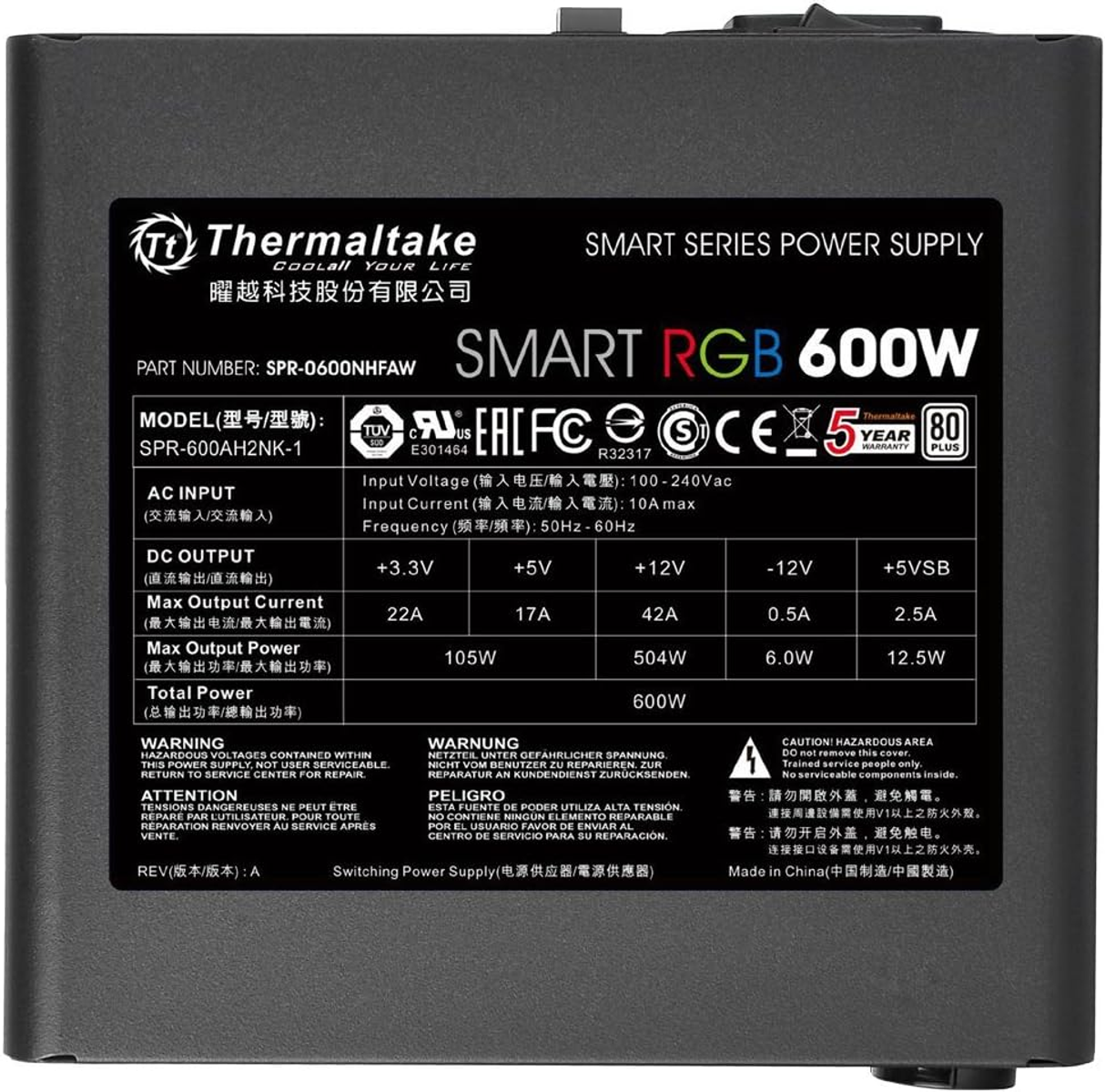 THERMALTAKE Smart RGB PC Netzteil Standard 80+ 600 Watt