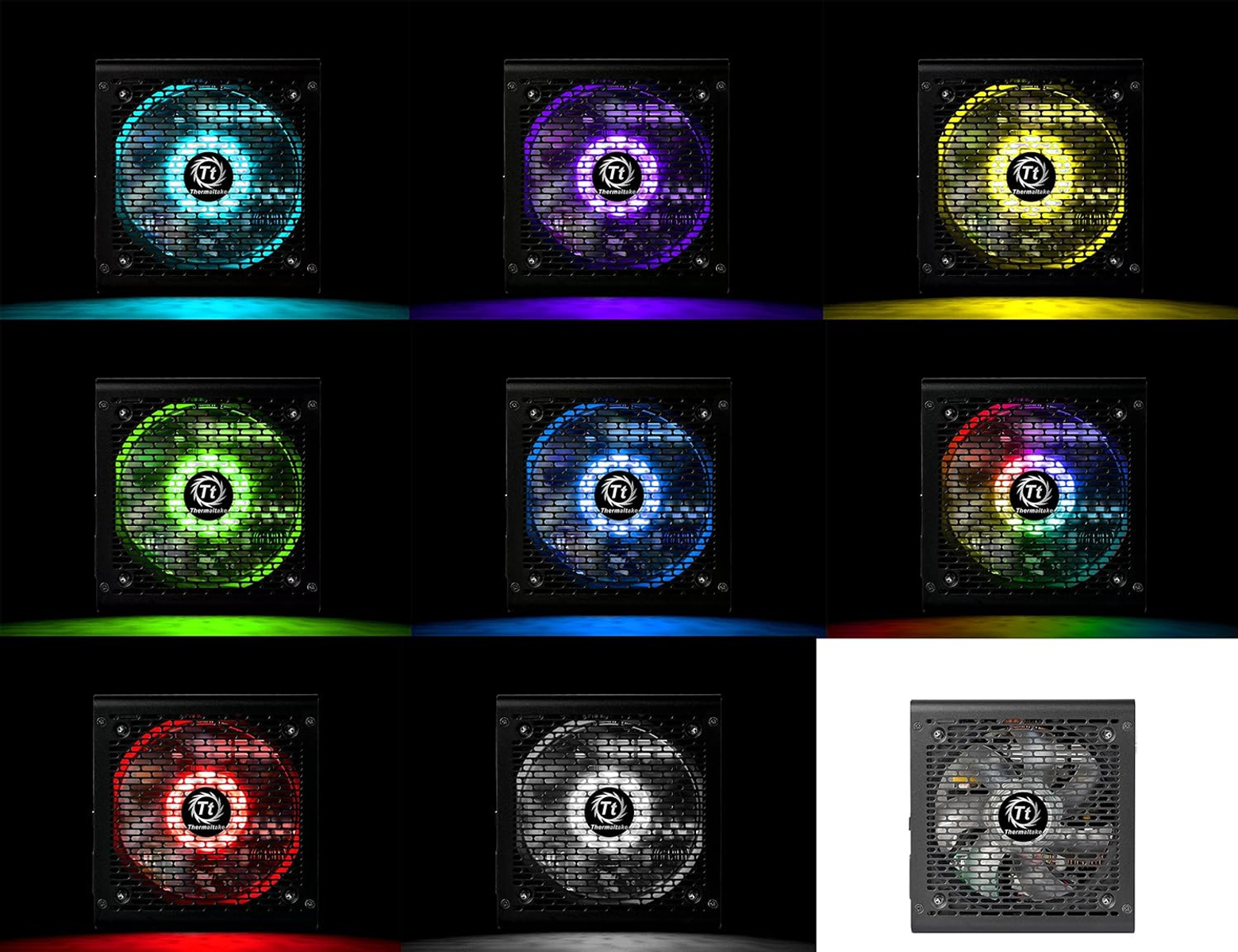 Close-up van een set computerfans met verschillende gekleurde lichten. Ze bevinden zich in een donkere omgeving.