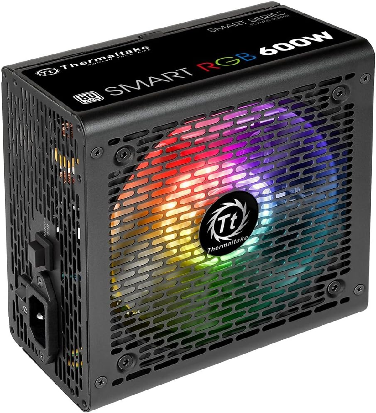 Een computer voedingseenheid met een ventilator die een regenboog van kleuren weergeeft.