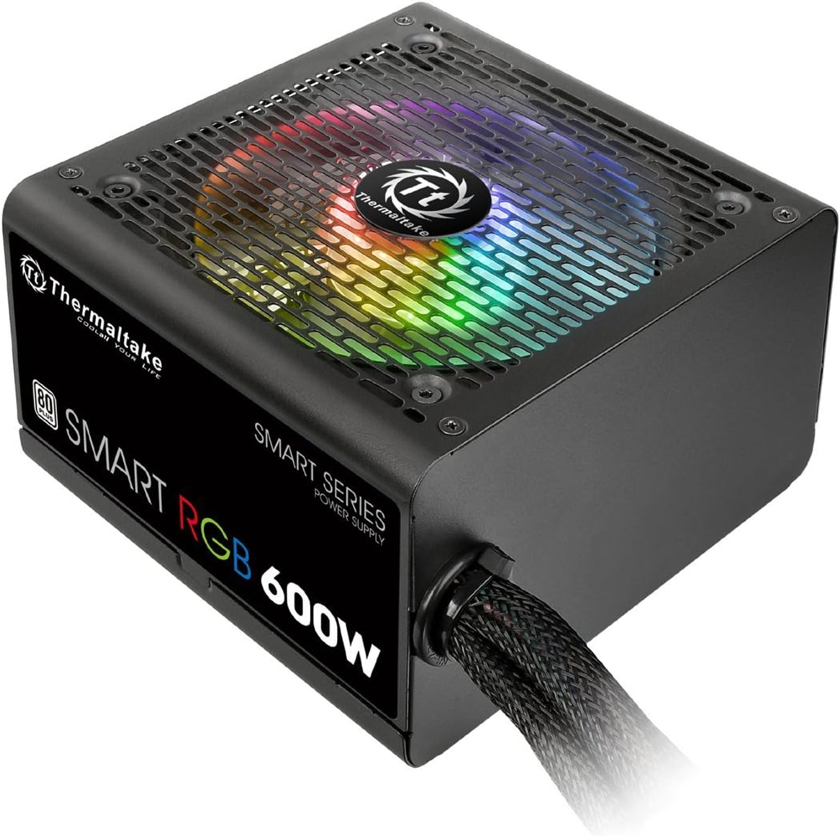 Een zwarte en grijze computer voeding met een kleurrijk verlichte ventilator.