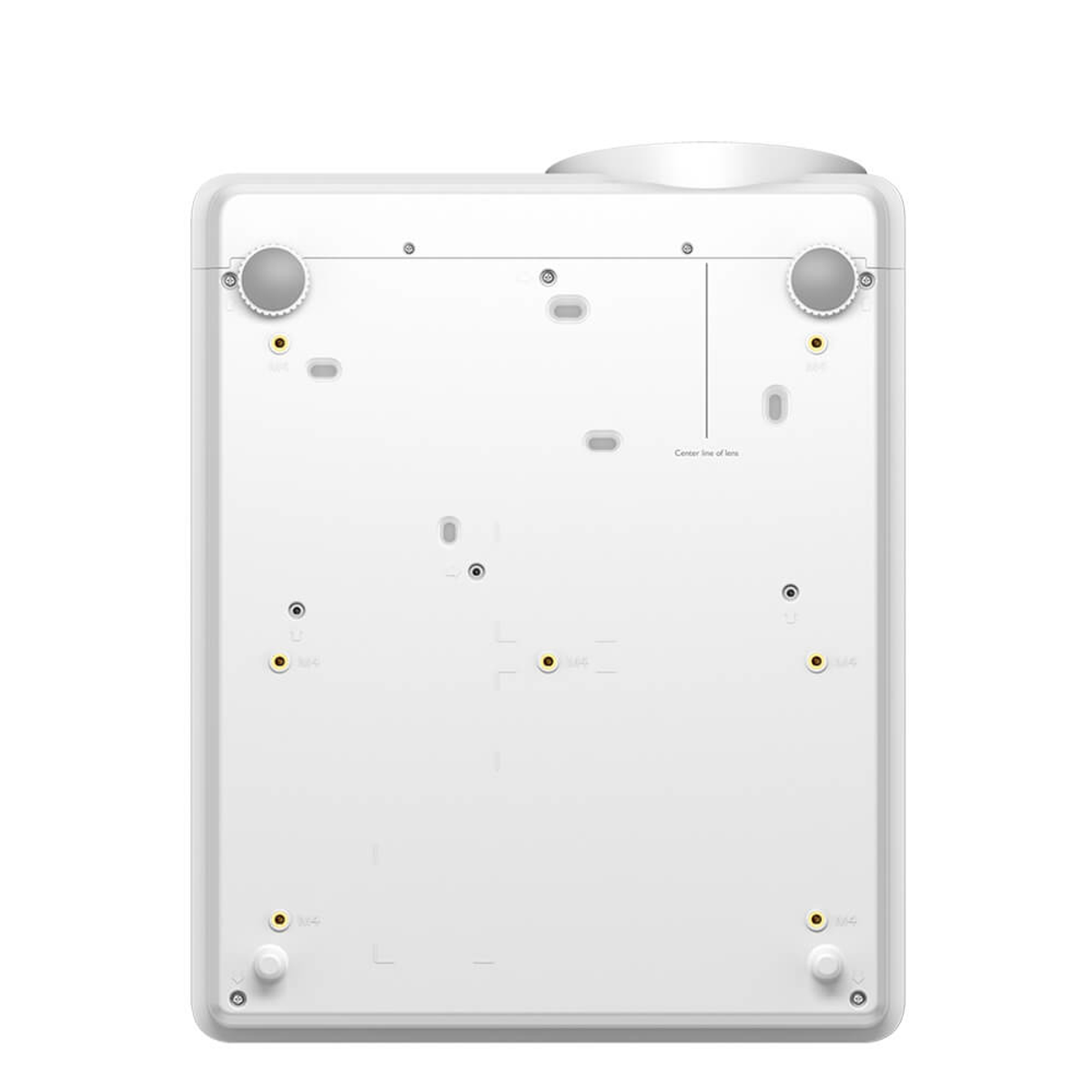 Spód białego projektora. Posiada kilka śrub i oznaczeń.