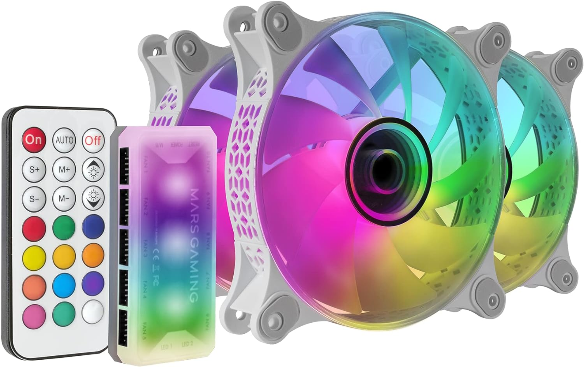 Trzy wentylatory komputerowe z kolorowymi, tęczowymi łopatkami. Widoczny jest również pilot i mała skrzynka sterownicza.