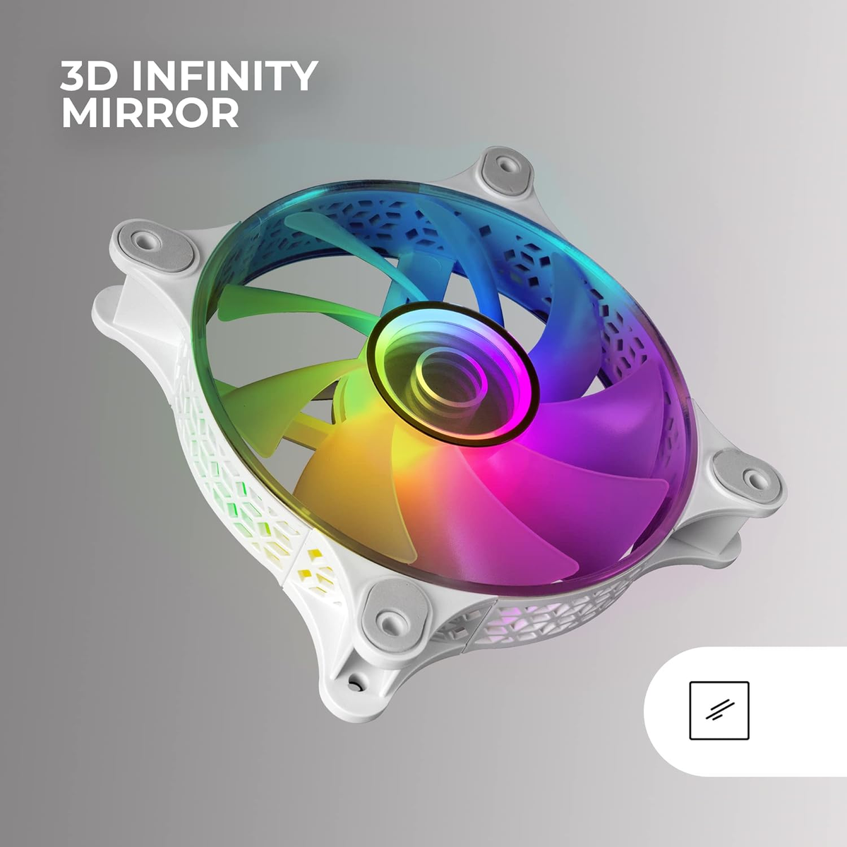 Biały wentylator komputerowy z kolorowymi łopatkami, otoczony białą ramą. Wentylator jest podświetlony.