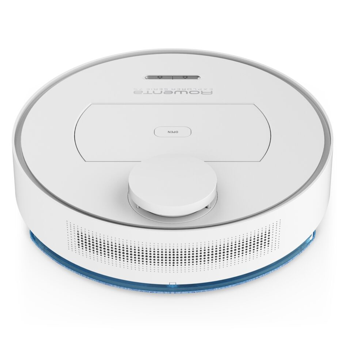 Biały, okrągły odkurzacz automatyczny z niebieskim wykończeniem.