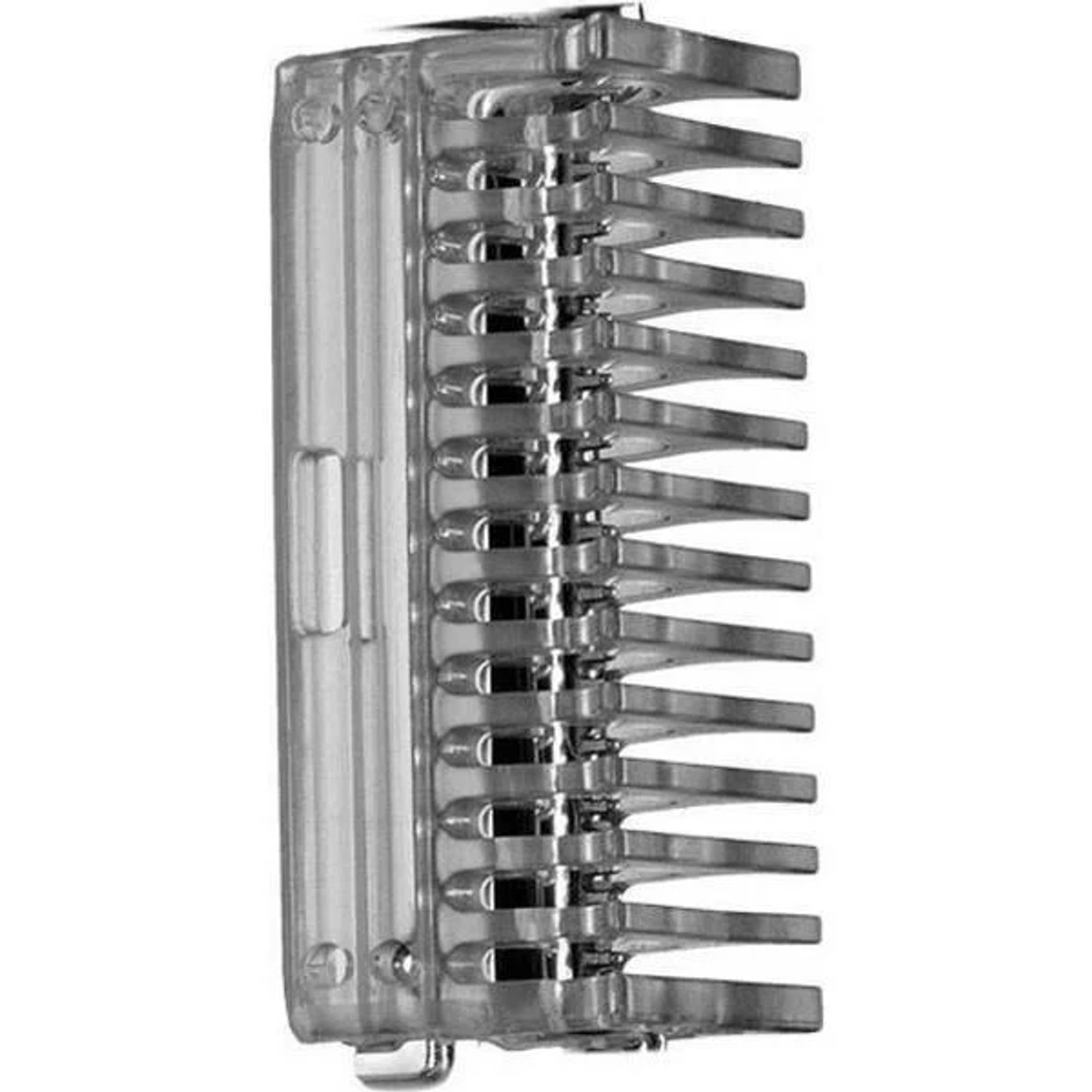Un pettine per capelli in plastica trasparente con più denti e un manico trasparente.