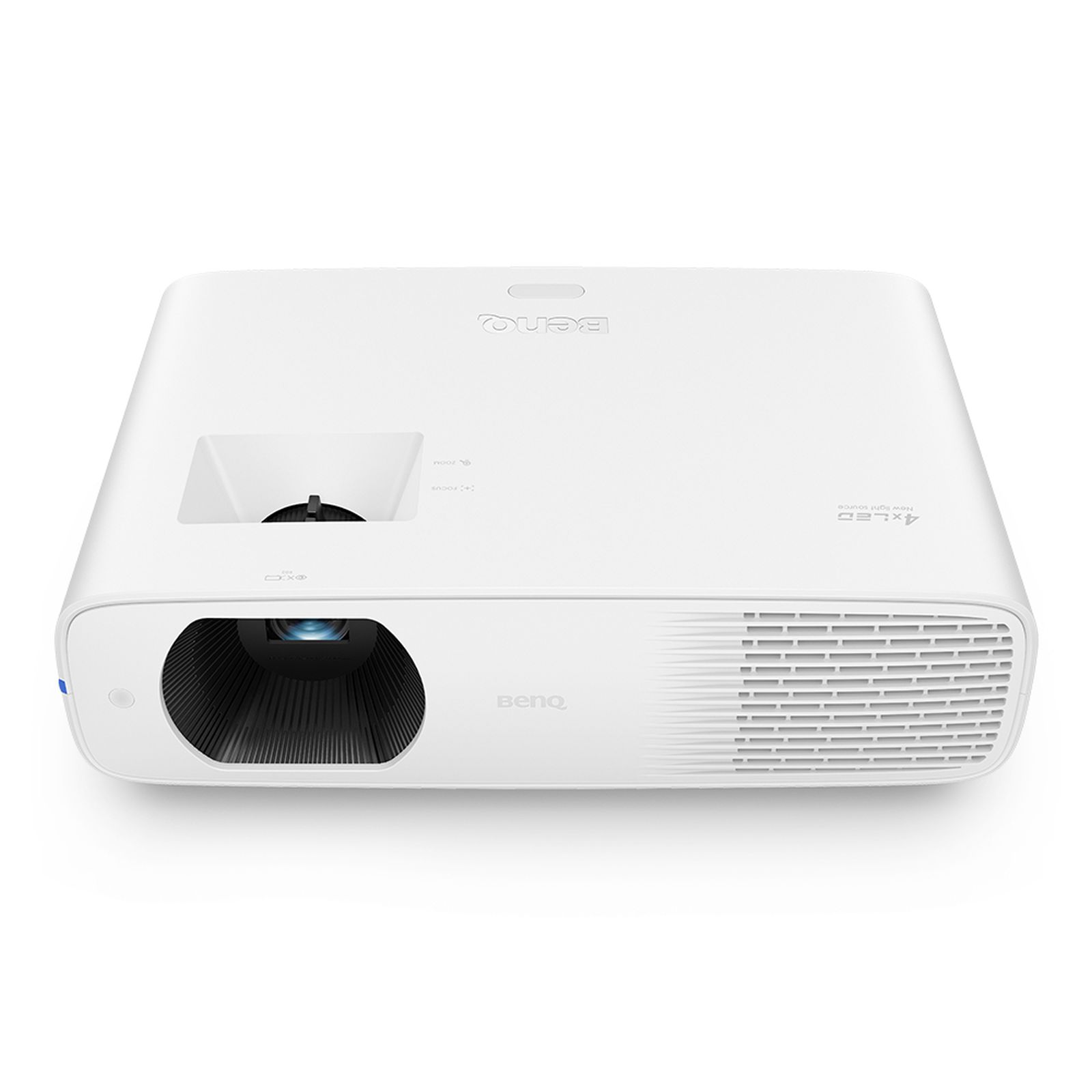 Projecteur blanc avec lentille et aérations, vue de face en biais. Logo BenQ visible.