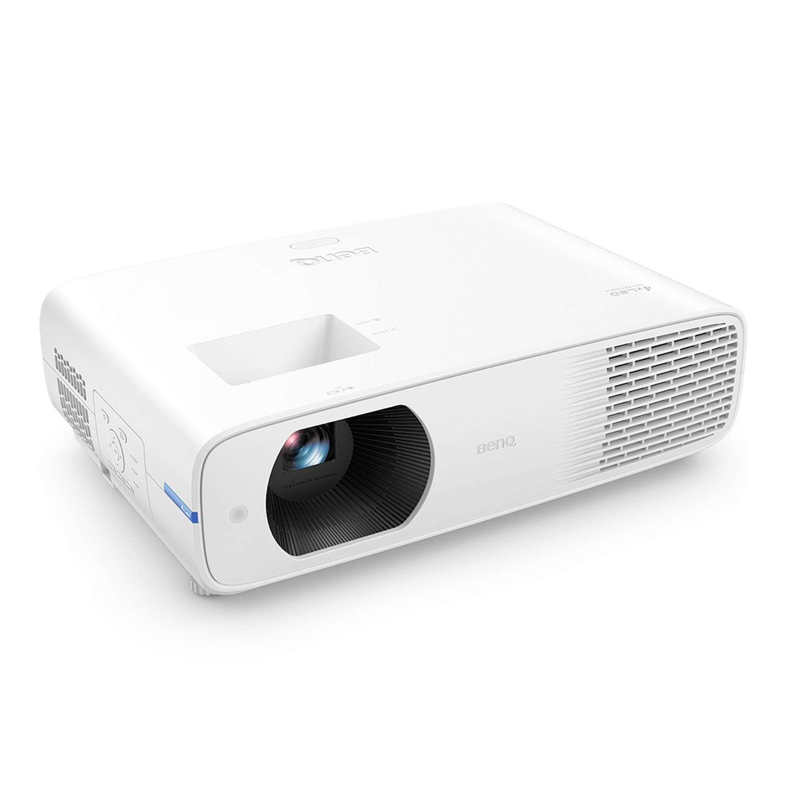 Un projecteur BenQ blanc avec une lentille noire et une ventilation latérale, sur fond blanc.