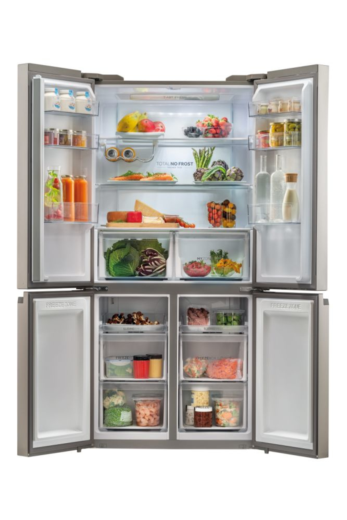 Refrigerador abierto lleno de alimentos: frutas, verduras, frascos y botellas.