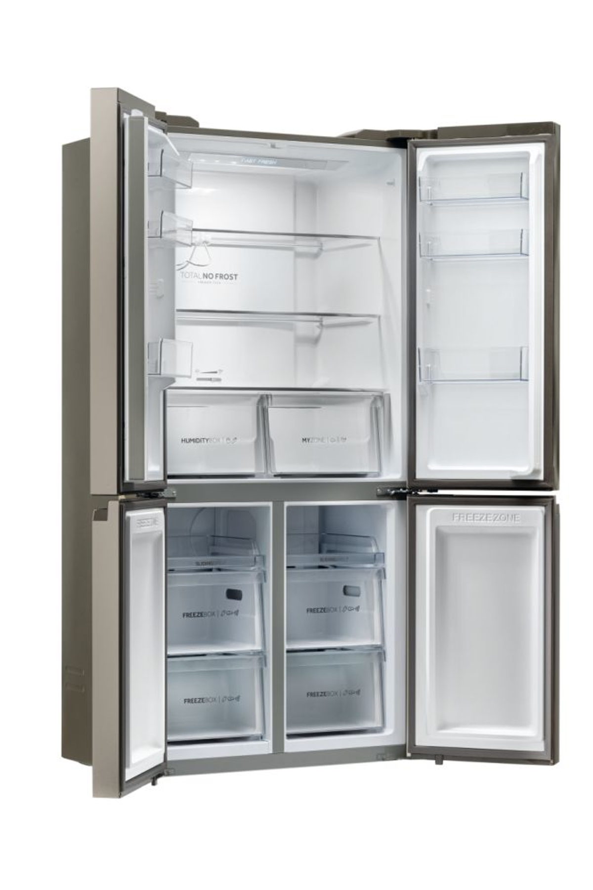 Refrigerador con puertas abiertas, mostrando estantes y cajones.