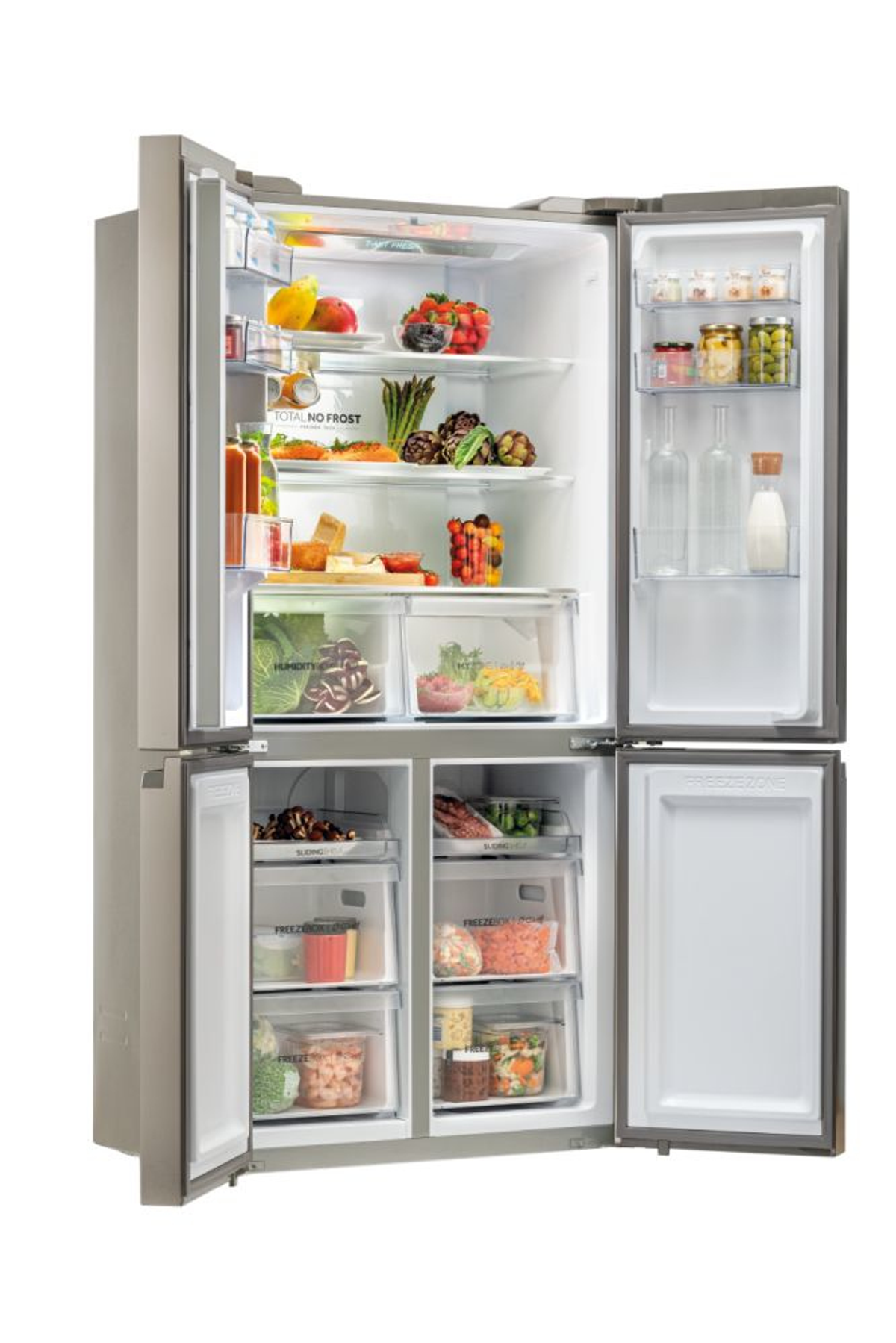 Un refrigerador con las puertas abiertas, lleno de alimentos en estantes y cajones. El interior es visible.