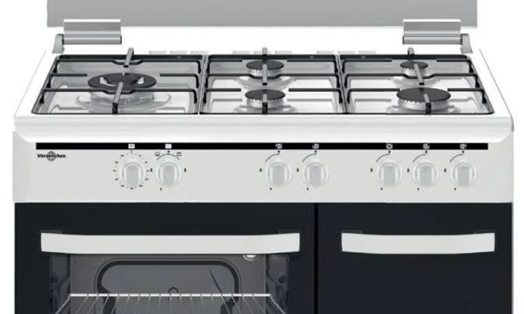 Una estufa de gas blanca y negra con cinco quemadores y mandos. Debajo hay una puerta de horno negra.