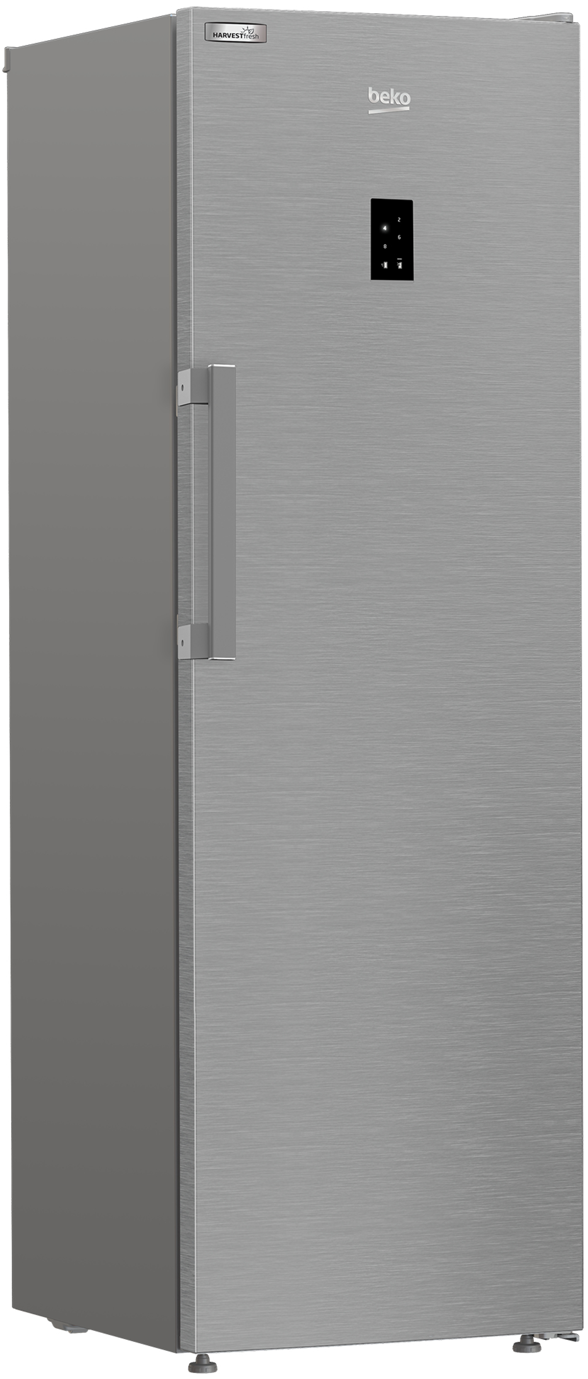 Refrigerador plateado con manija y pantalla digital, sobre fondo blanco.