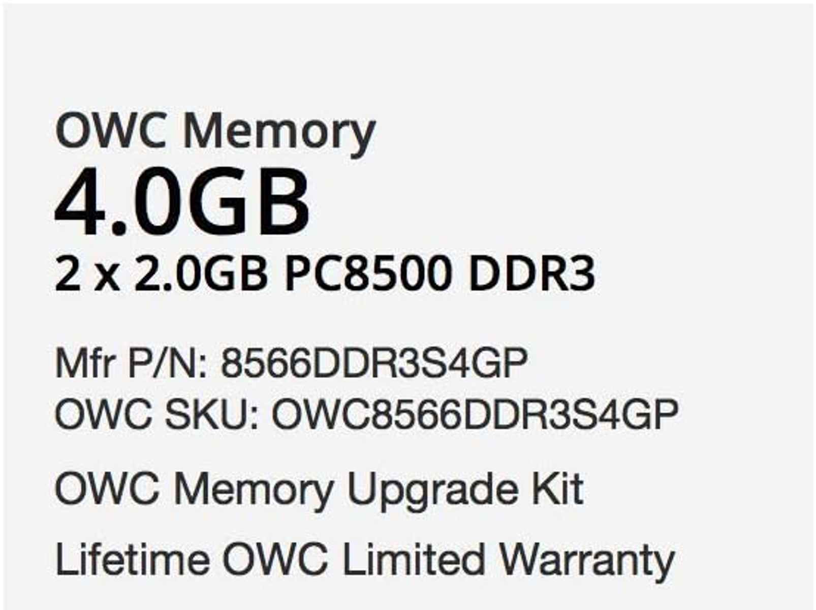 Tekst pokazujący OWC Memory 4.0 GB, 2 x 2.0 GB PC8500 DDR3 i inne powiązane informacje na białym tle.