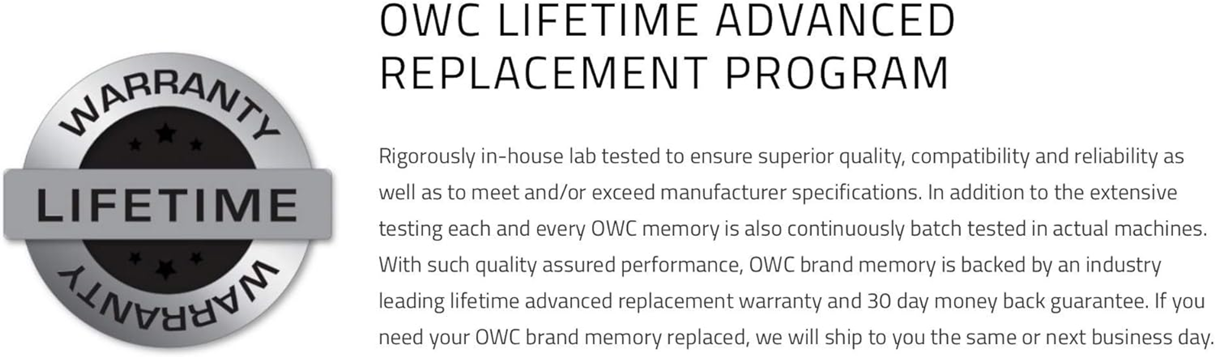 Odznaka gwarancyjna z tekstem: OWC Lifetime Advanced Replacement Program. Tekst na białym tle.