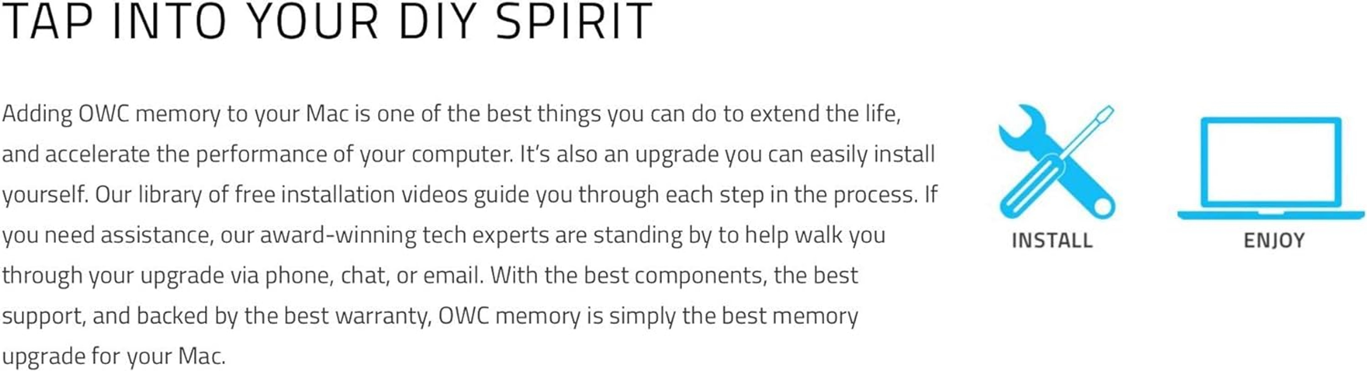 Tekst: TAP INTO YOUR DIY SPIRIT. Tekst i obrazy narzędzi i komputera, promujące pamięć OWC.
