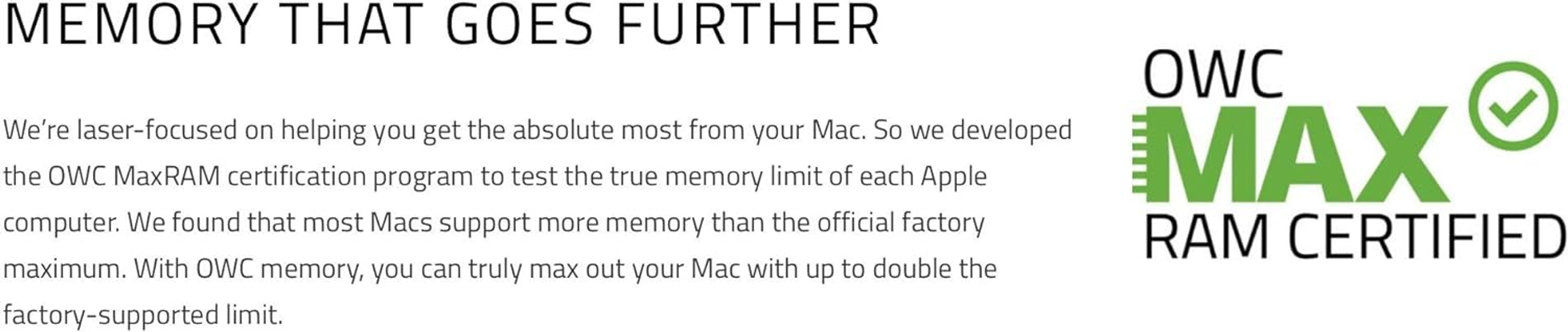 Tekst: OWC MaxRAM Certified. Tekst pomocniczy omawia limity pamięci dla komputerów Mac i pamięci OWC.