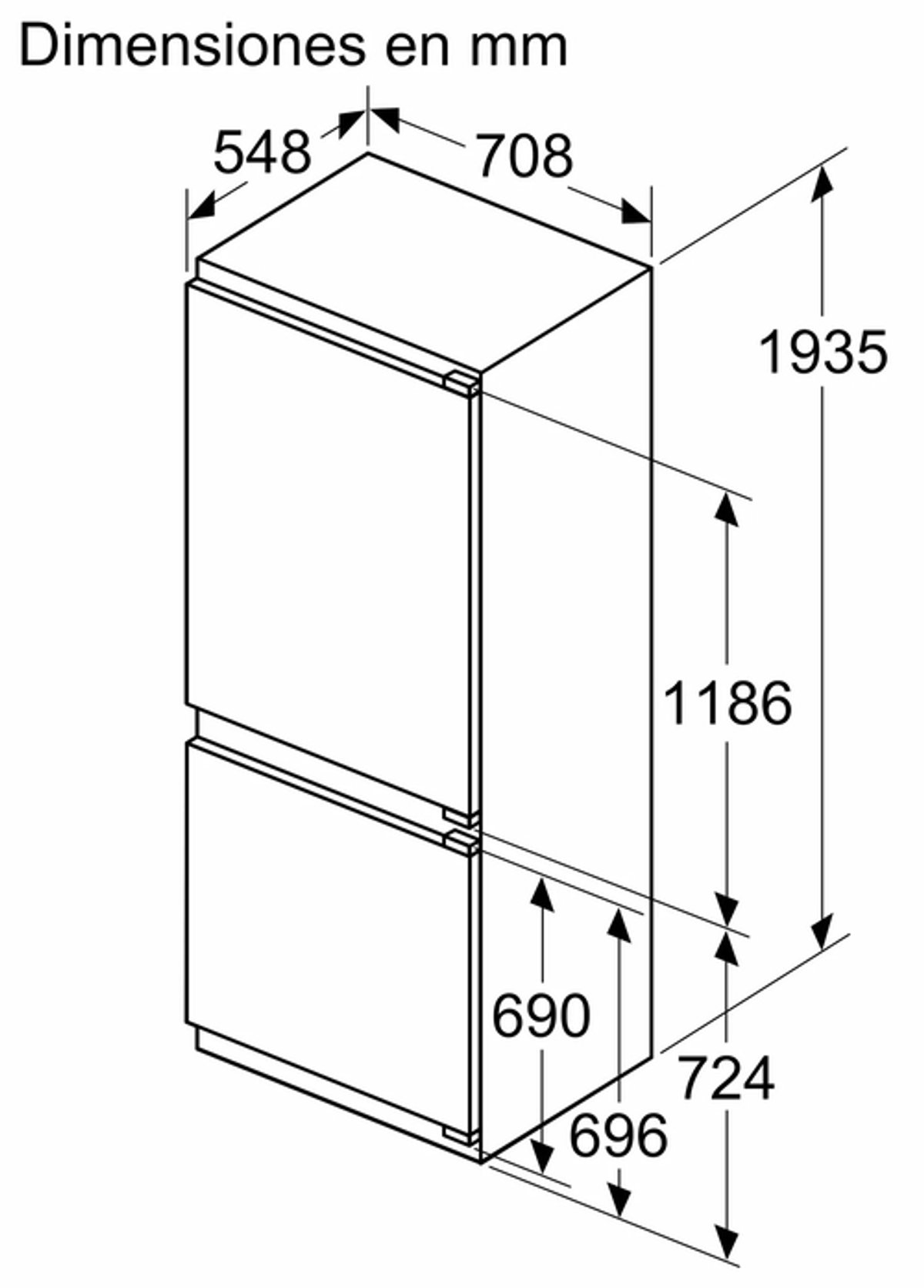 Dibujo isométrico de un refrigerador con dimensiones en mm.