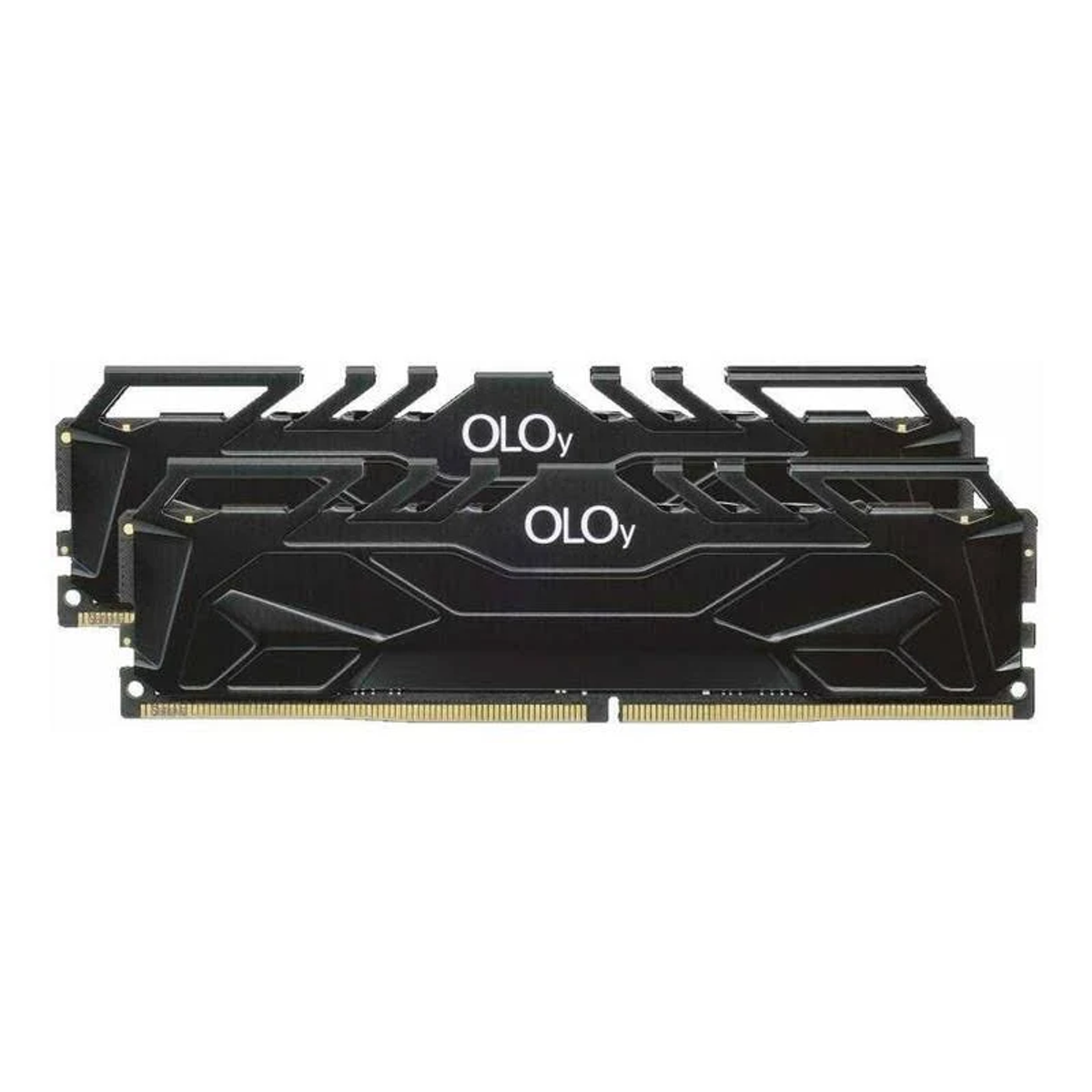 Czarne moduły RAM OLOy. Wyświetlane są dwa zestawy kości RAM. Czarne moduły mają biały tekst.