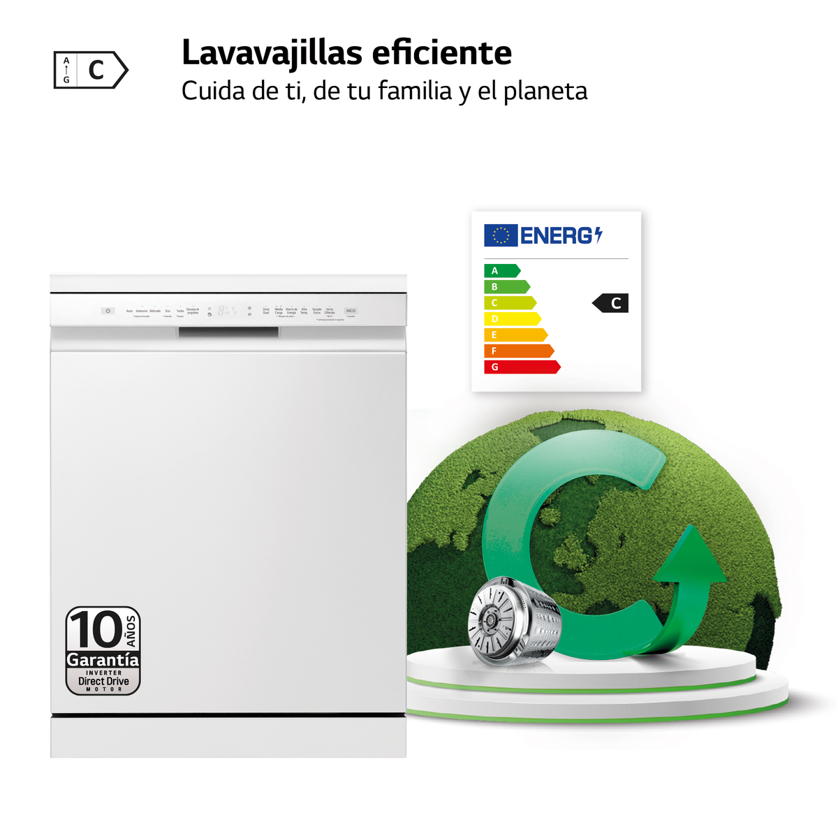 Biała zmywarka z etykietą energetyczną i zieloną grafiką strzałki na białym tle.