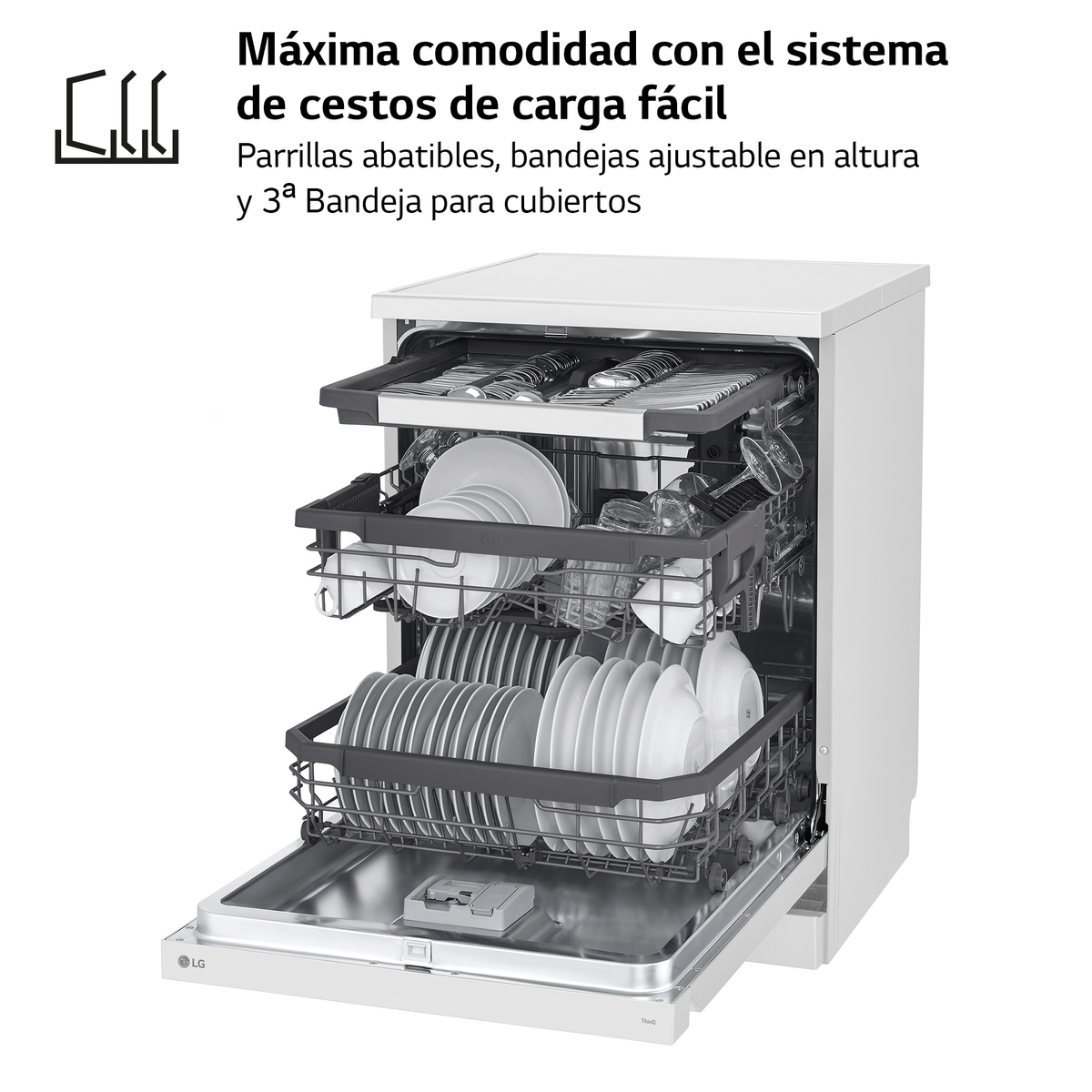 Zmywarka z otwartymi drzwiami, załadowana naczyniami, szklankami i sztućcami.