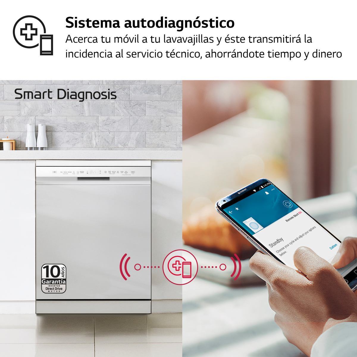 Zmywarka z telefonem. Telefon pokazuje aplikację inteligentnej diagnostyki.