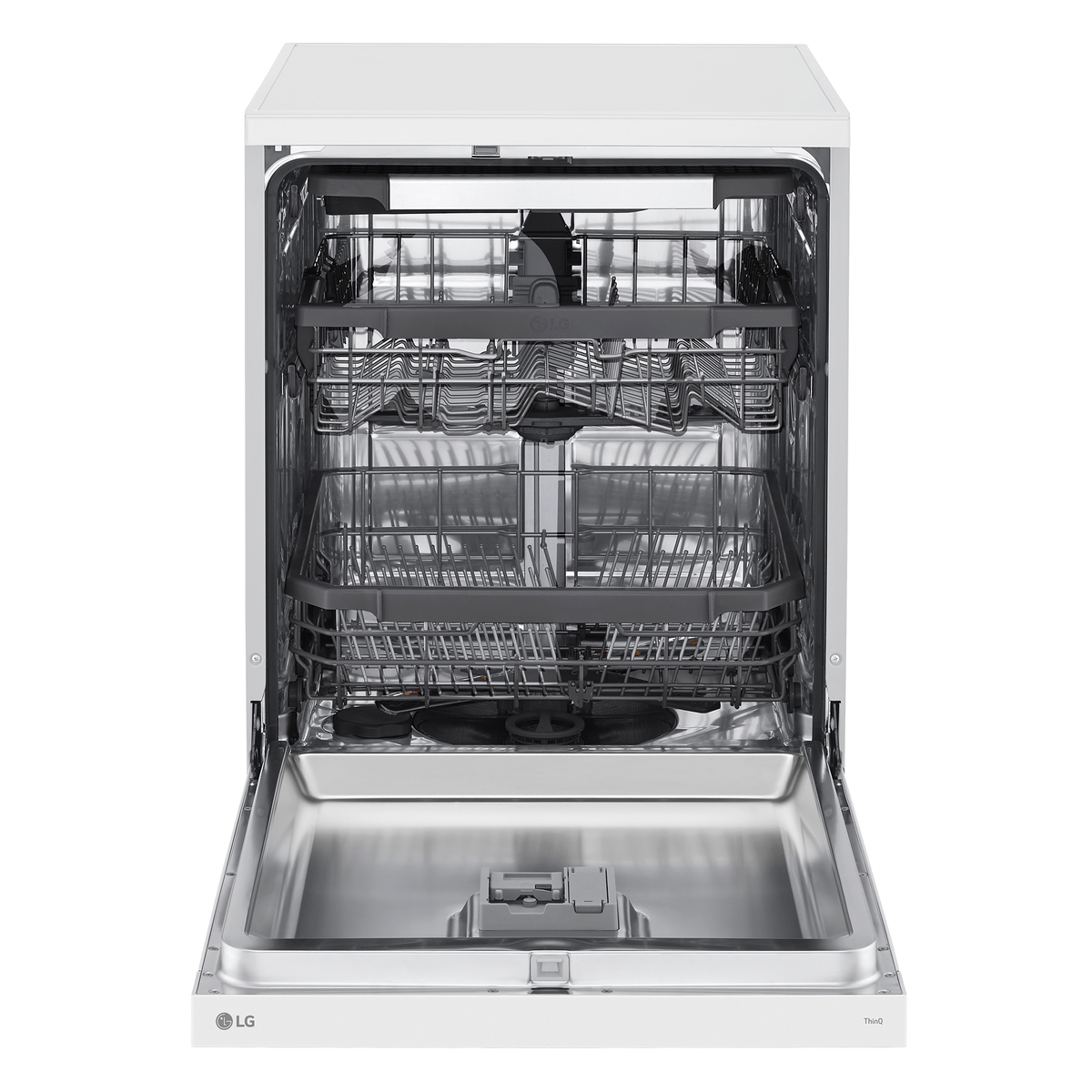 Biała zmywarka LG z otwartymi drzwiami, ukazująca półki i elementy wewnętrzne.