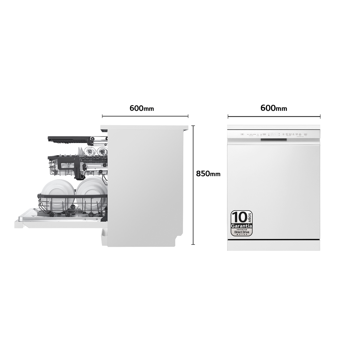 Biała zmywarka z otwartymi drzwiami, pokazująca wnętrze. Wymiary 600 mm x 850 mm x 600 mm.