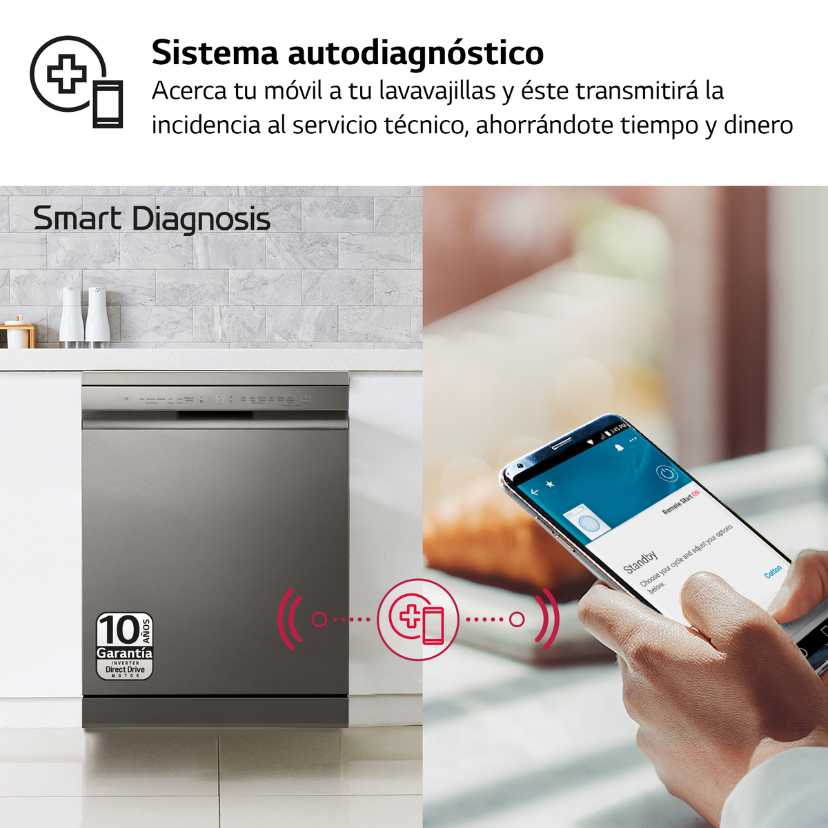 Lavavajillas en cocina con teléfono mostrando la app Smart Diagnosis. El teléfono se conecta al lavavajillas para solucionar problemas.