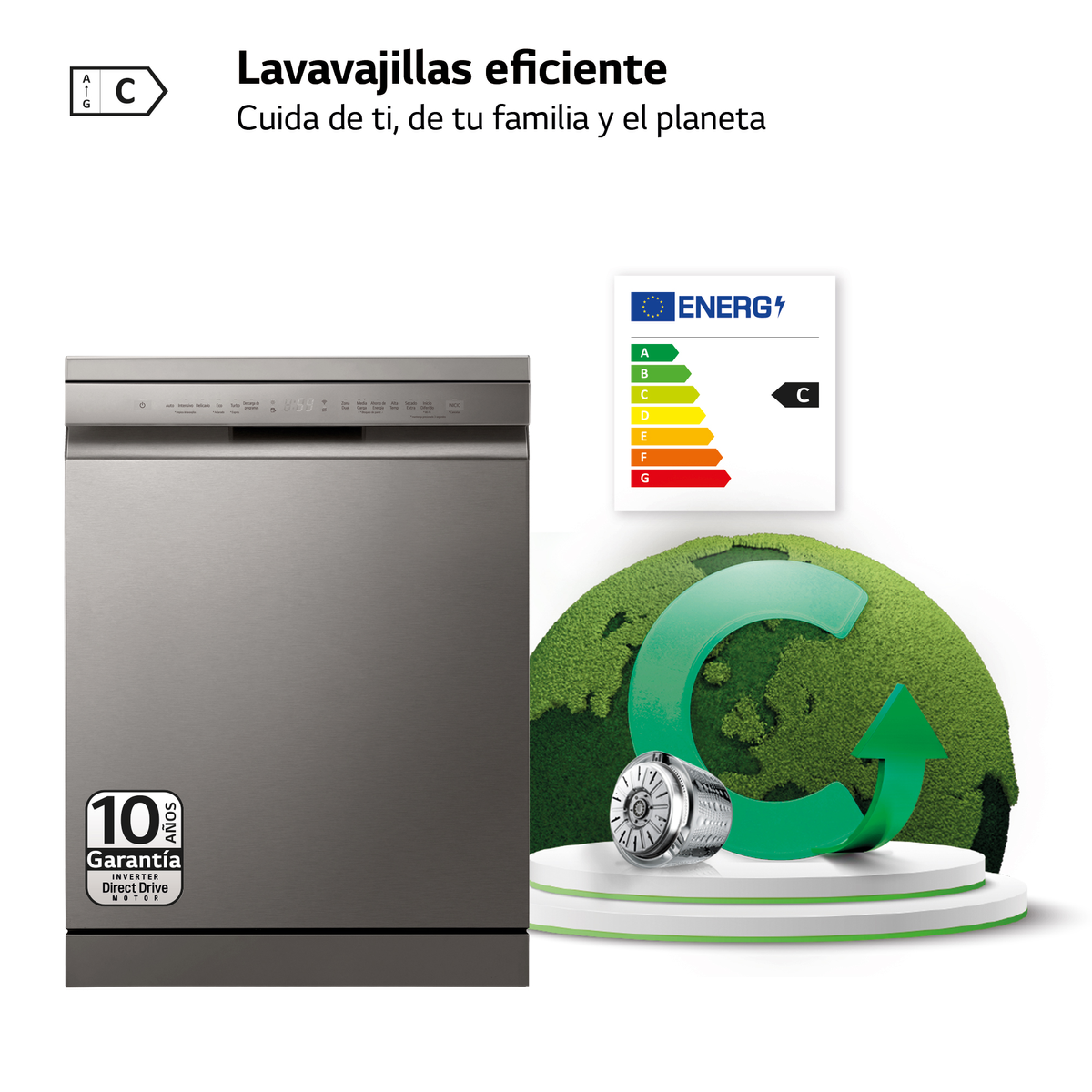 Lavavajillas con etiqueta de eficiencia energética, círculo verde y motor.