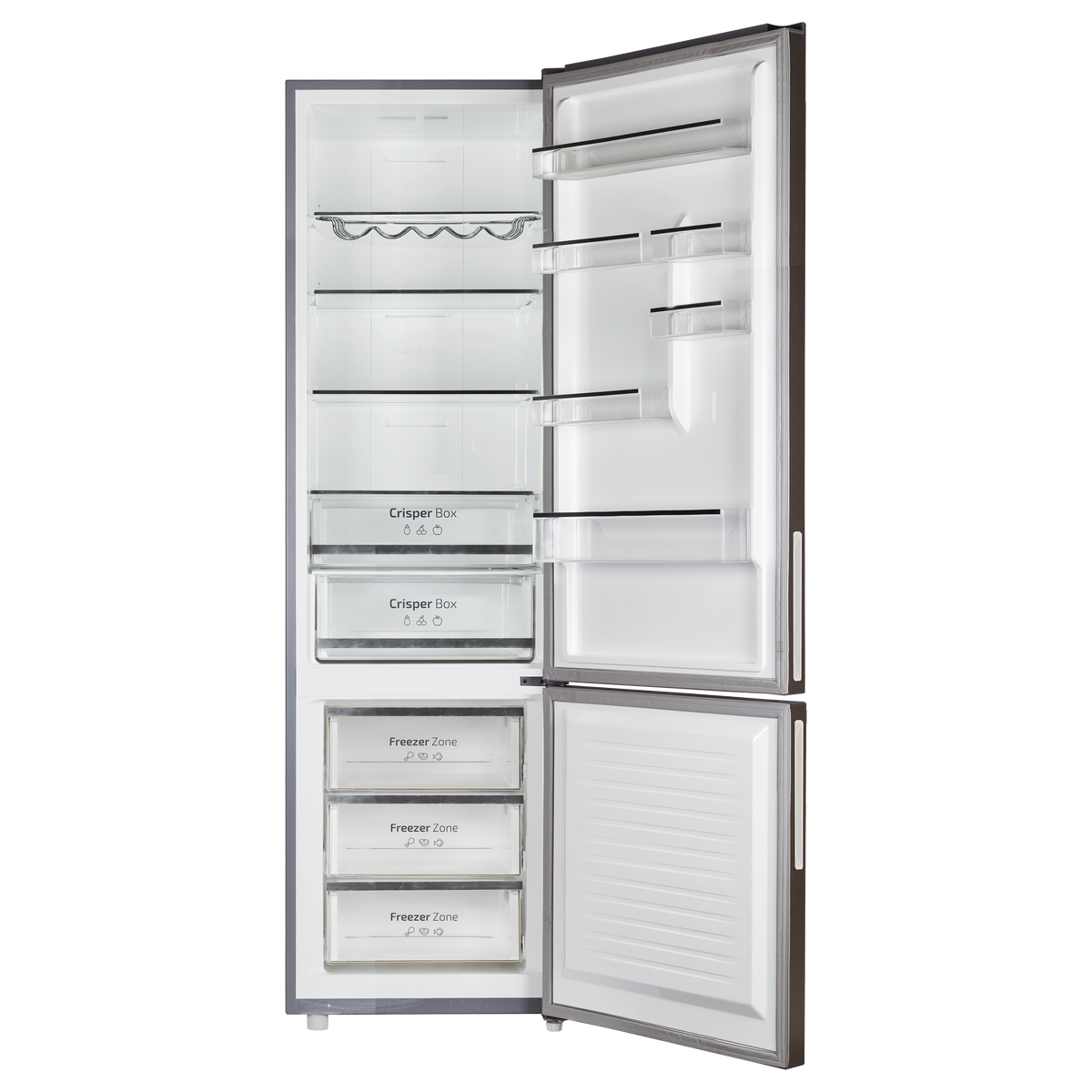 Refrigerador con puerta abierta, mostrando estantes, cajones y alimentos.
