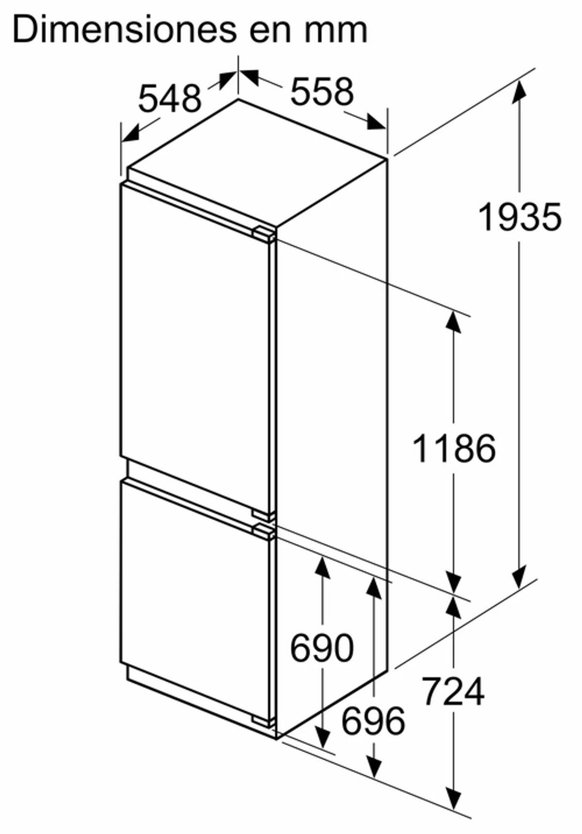 Diagrama que muestra las dimensiones de un refrigerador. Incluye medidas de altura, anchura y profundidad en milímetros.