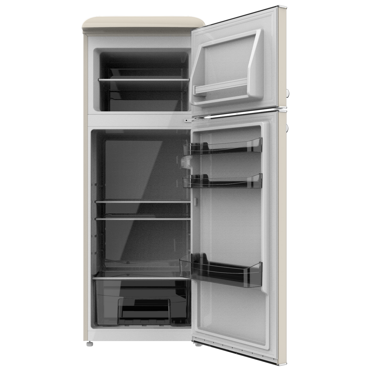Beżowa lodówka z otwartymi drzwiami. Widoczne półki wewnętrzne. Tło jest gładkie.