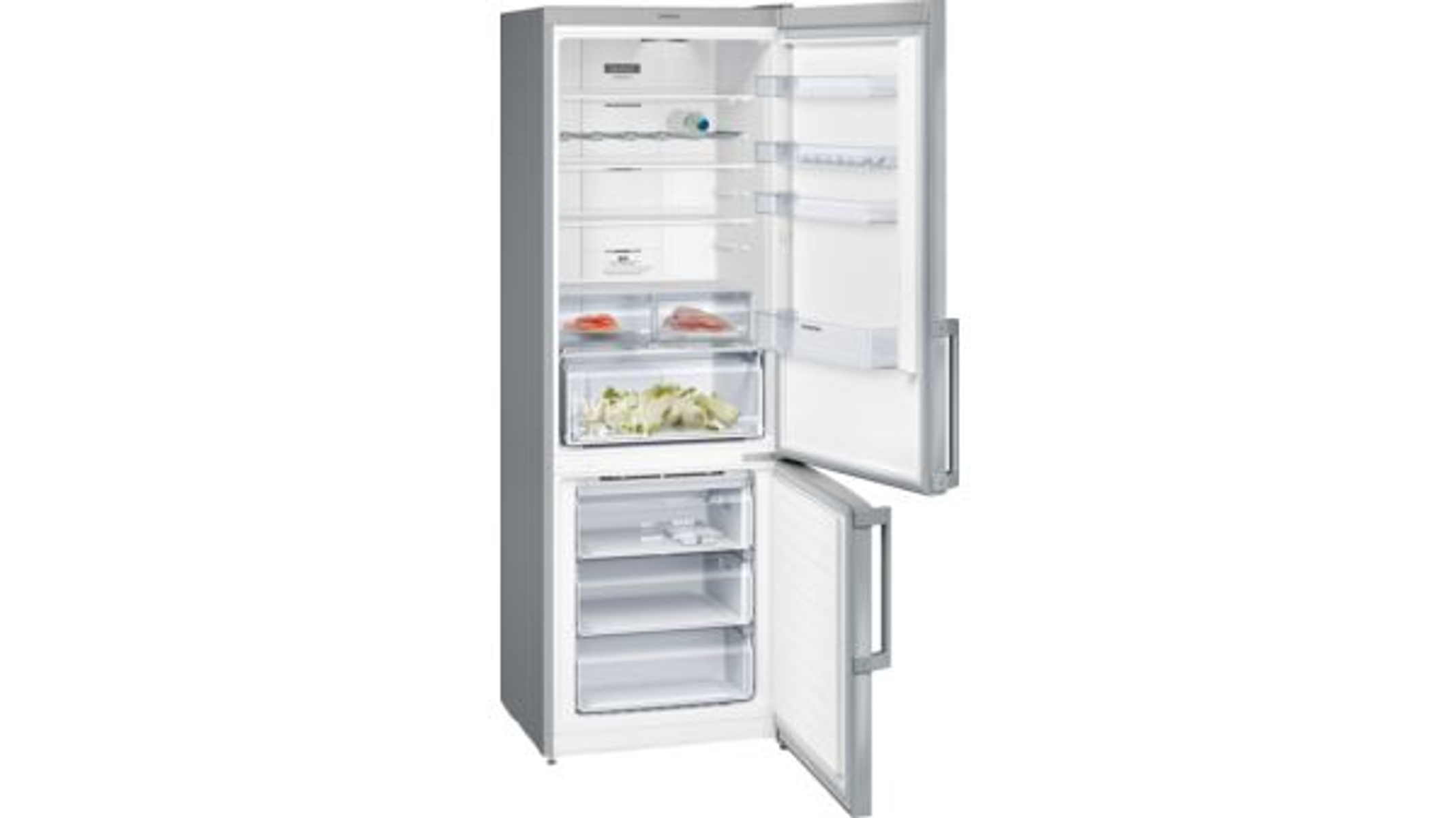 Refrigerador abierto con estantes, cajones y alimentos. Exterior plateado e interior blanco.