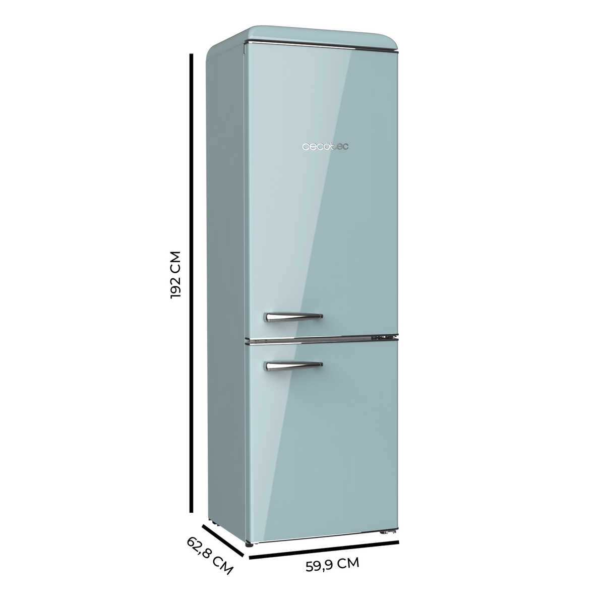 Refrigerador azul claro estilo retro con asas cromadas sobre fondo negro.
