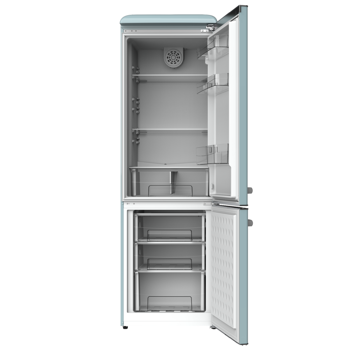 Un refrigerador azul claro con la puerta abierta que muestra estantes, cajones y componentes internos.