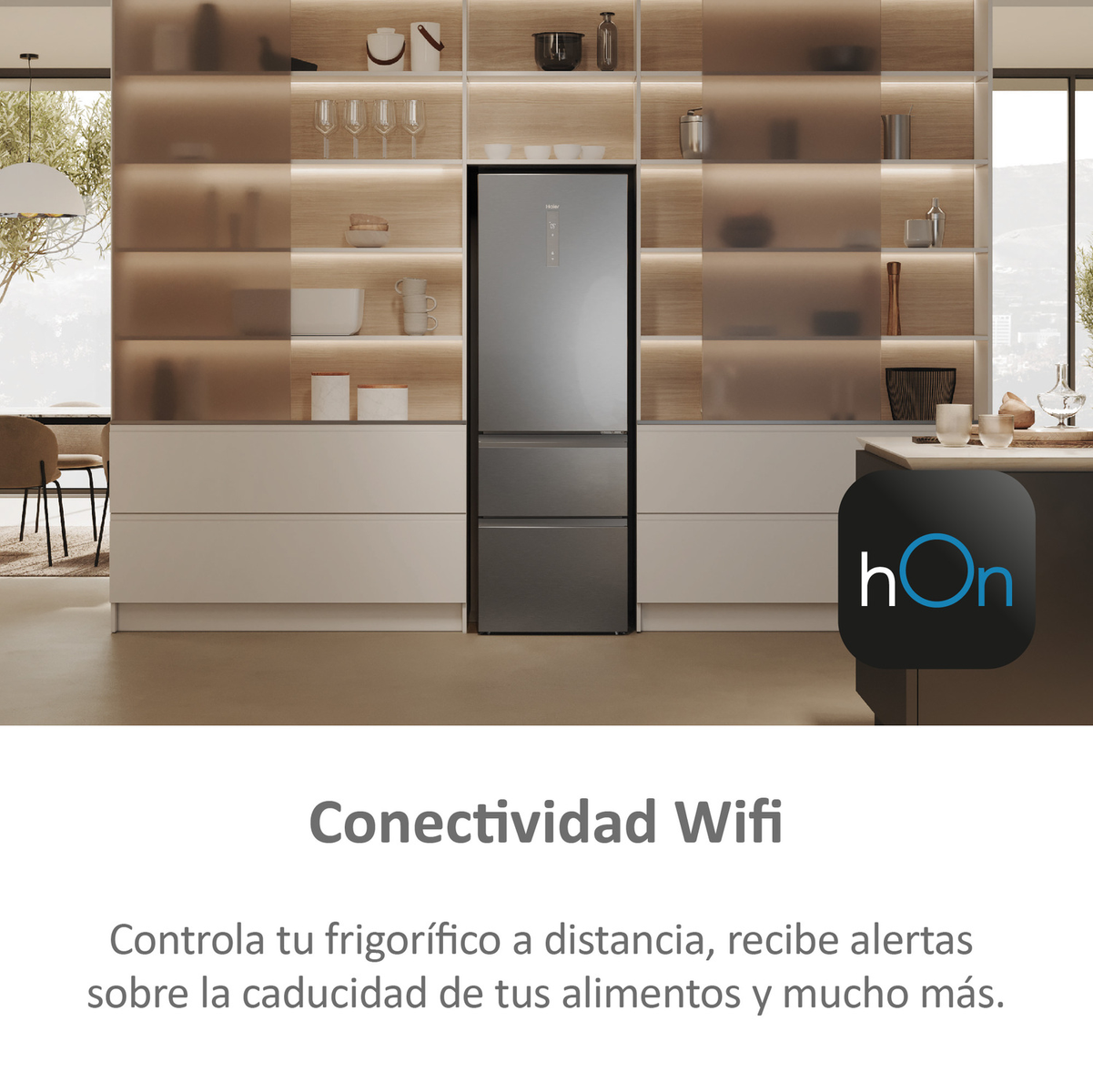 FRIGORIFERO COMBINATO HAIER HTW 5618CNMG, Capacità netta totale 360 l, Rumorosità: 35 dB(A), LAN wireless, 3 ripiani, Dimensioni: L 595 mm A 1850 mm P 667 mm, Argento, Classe C