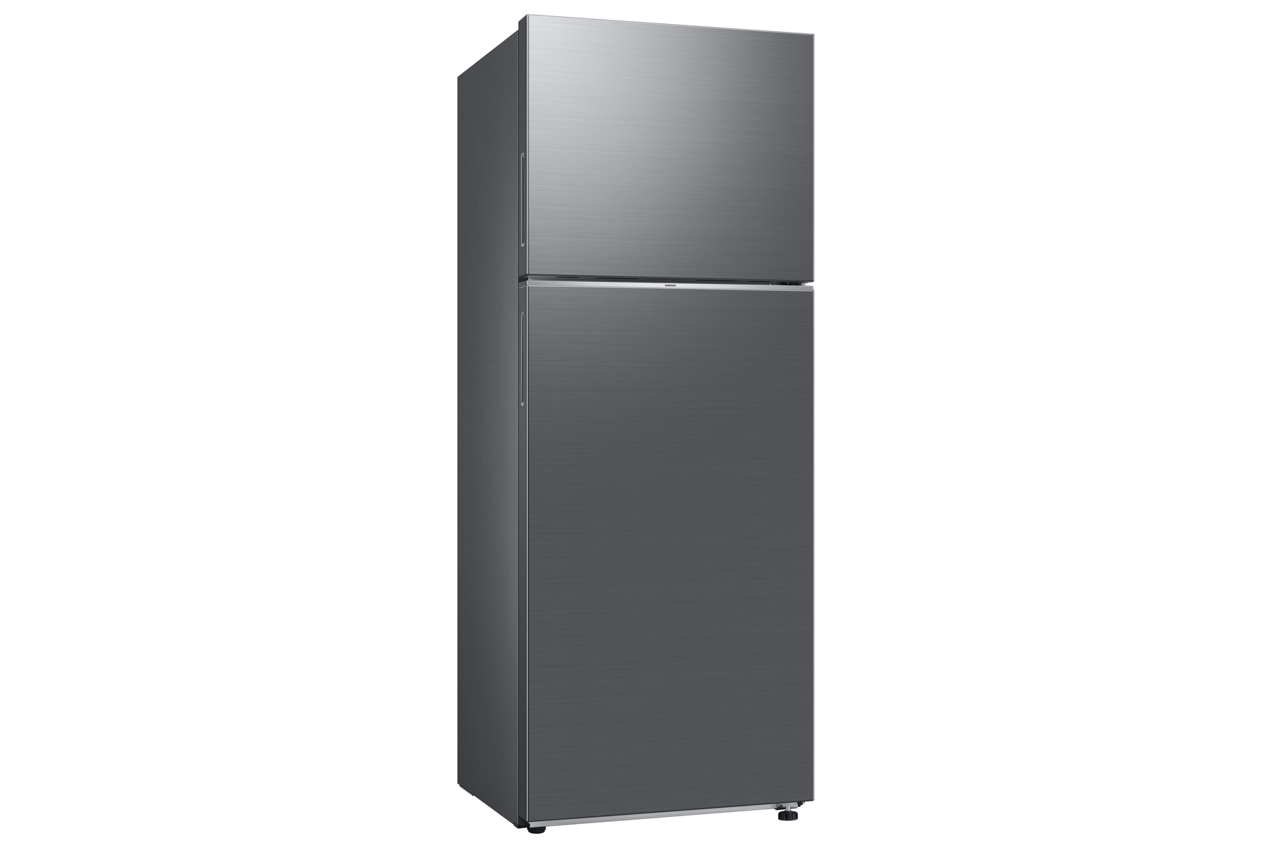 Refrigerador gris con dos puertas, la superior es más pequeña. Fondo blanco.