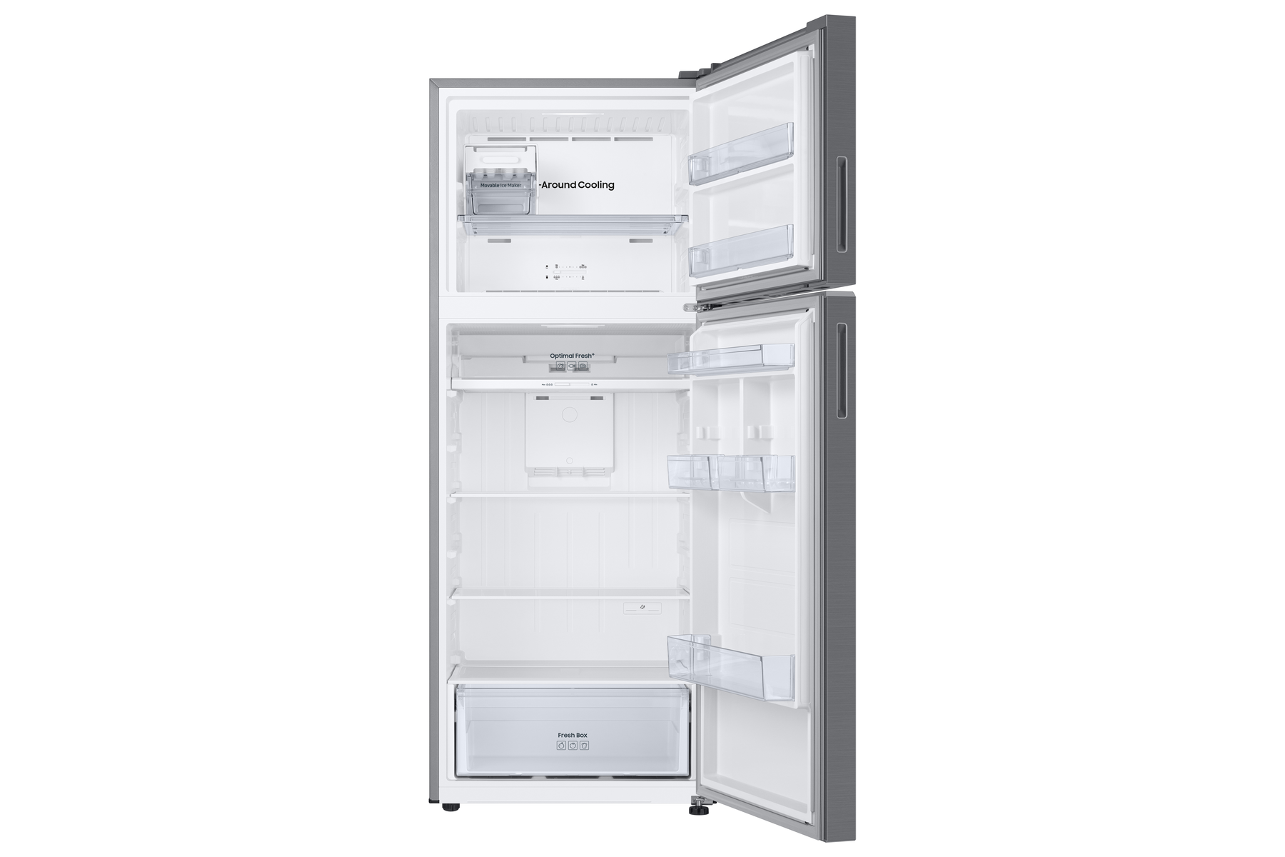 Refrigerador abierto que muestra estantes, cajones y alimentos. Exterior gris e interior blanco.