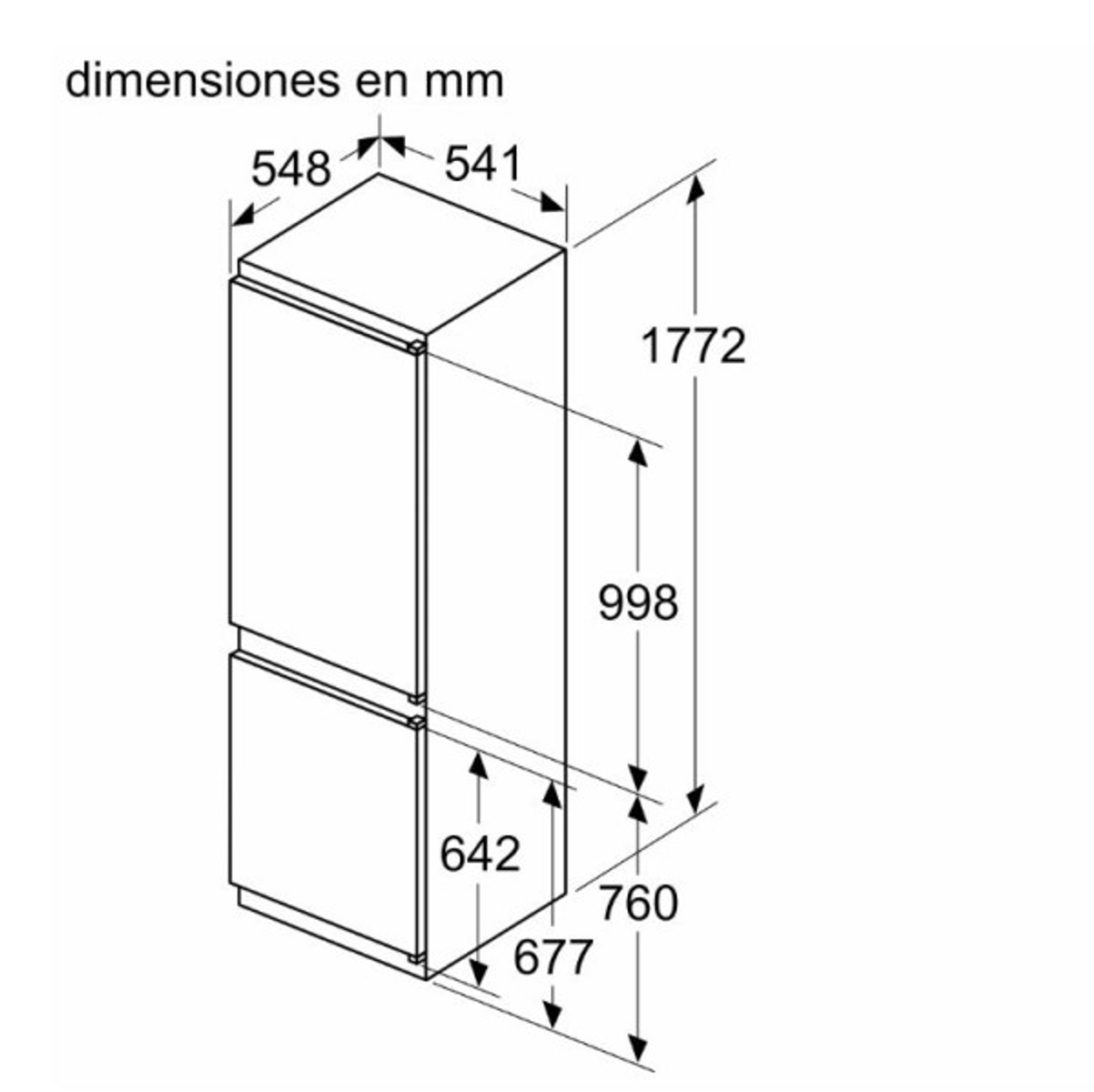 Se muestra un refrigerador blanco con dimensiones en mm.