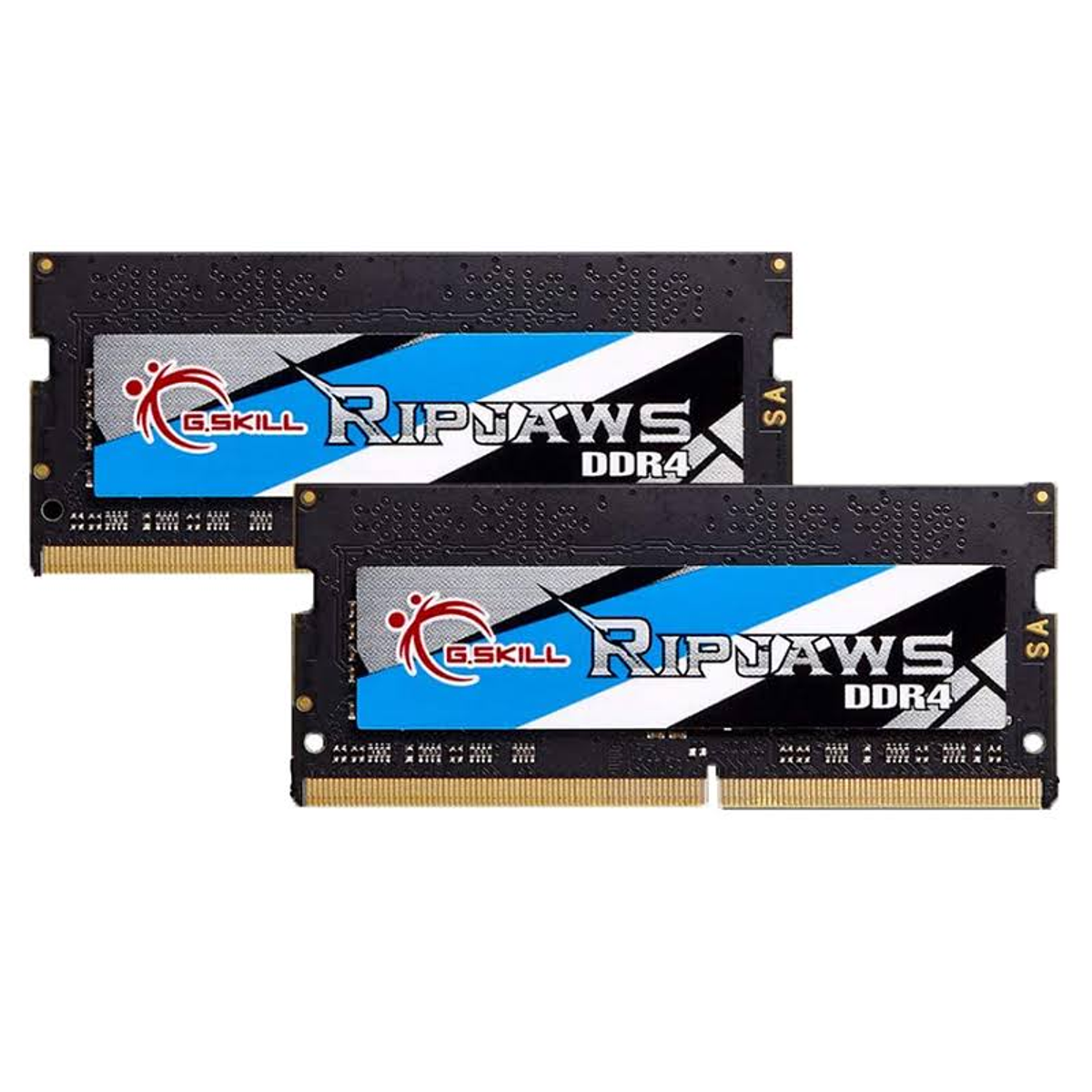 Dwa czarne moduły RAM z logo G.SKILL Ripjaws DDR4 i niebiesko-białym designem.