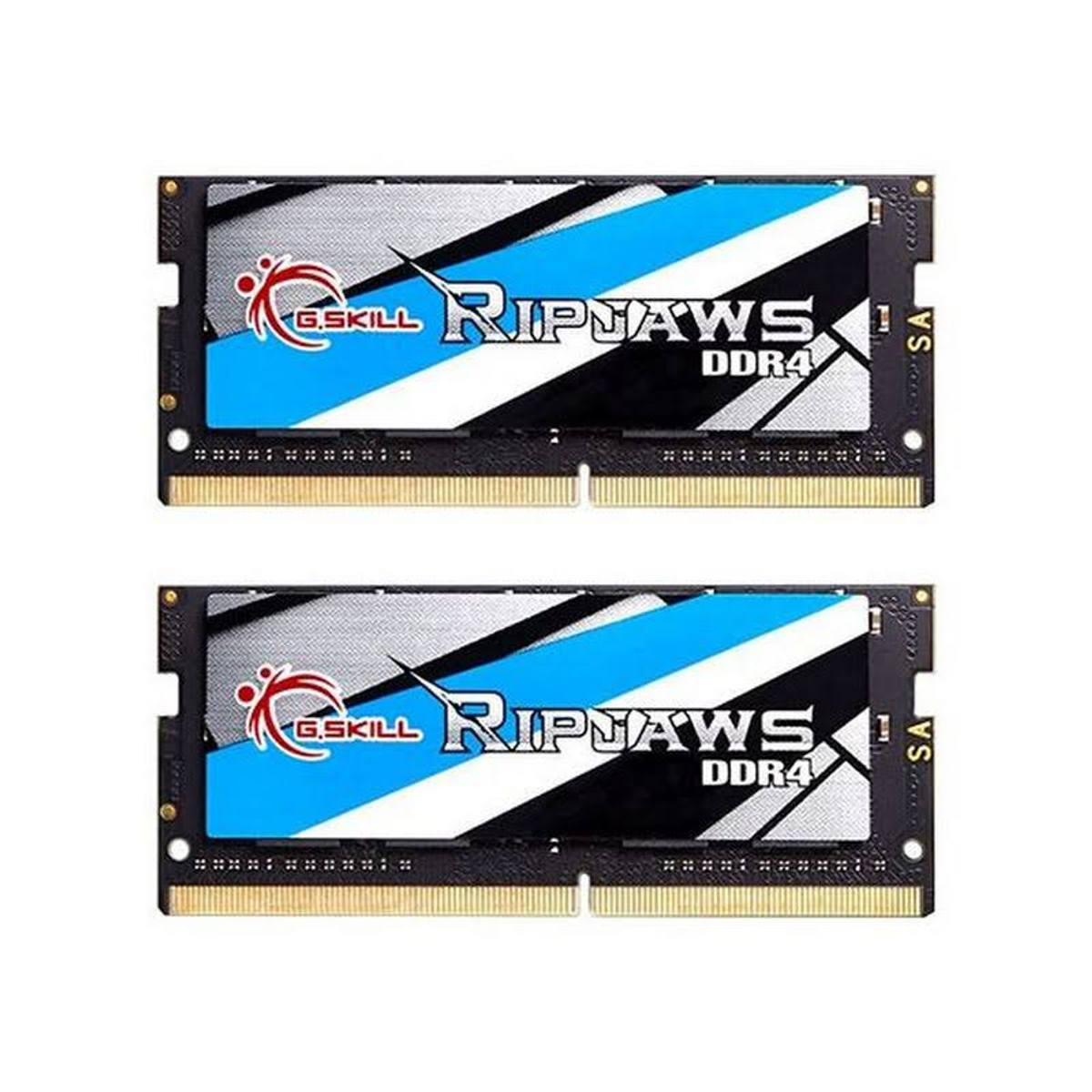 Dwa niebiesko-czarne moduły RAM G.Skill Ripjaws DDR4 z niebieskimi akcentami. Tło jest białe.