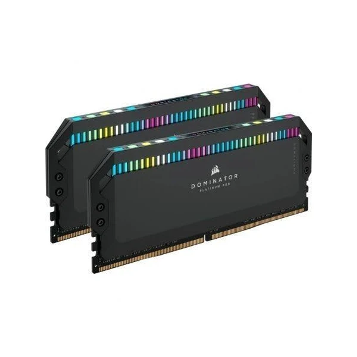 Dwa czarne moduły RAM Corsair Dominator Platinum RGB z kolorowymi diodami LED.