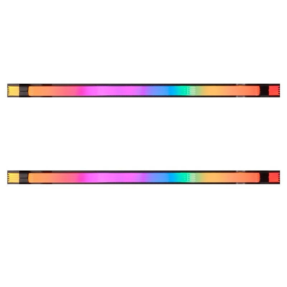 Due lunghe strisce luminose a LED colorate fianco a fianco su sfondo bianco.