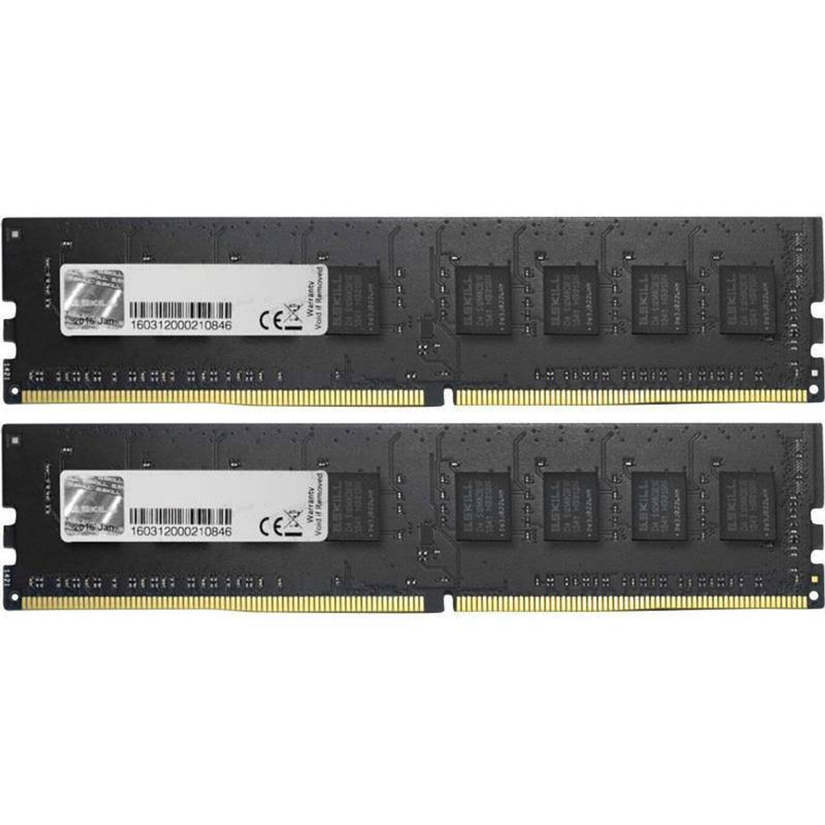 Dwa czarne moduły RAM z etykietami. Złote złącza. Białe tło.