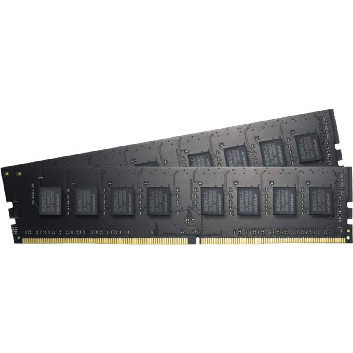 Dwie czarne kości RAM do komputera, z układami, na białym tle.