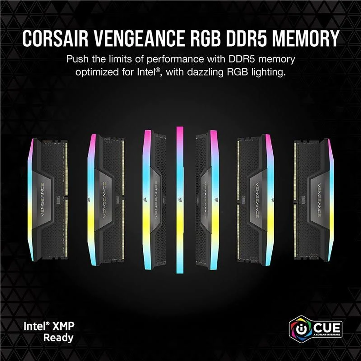 Wyświetlane są moduły pamięci Corsair Vengeance RGB DDR5 z kolorowym oświetleniem RGB.