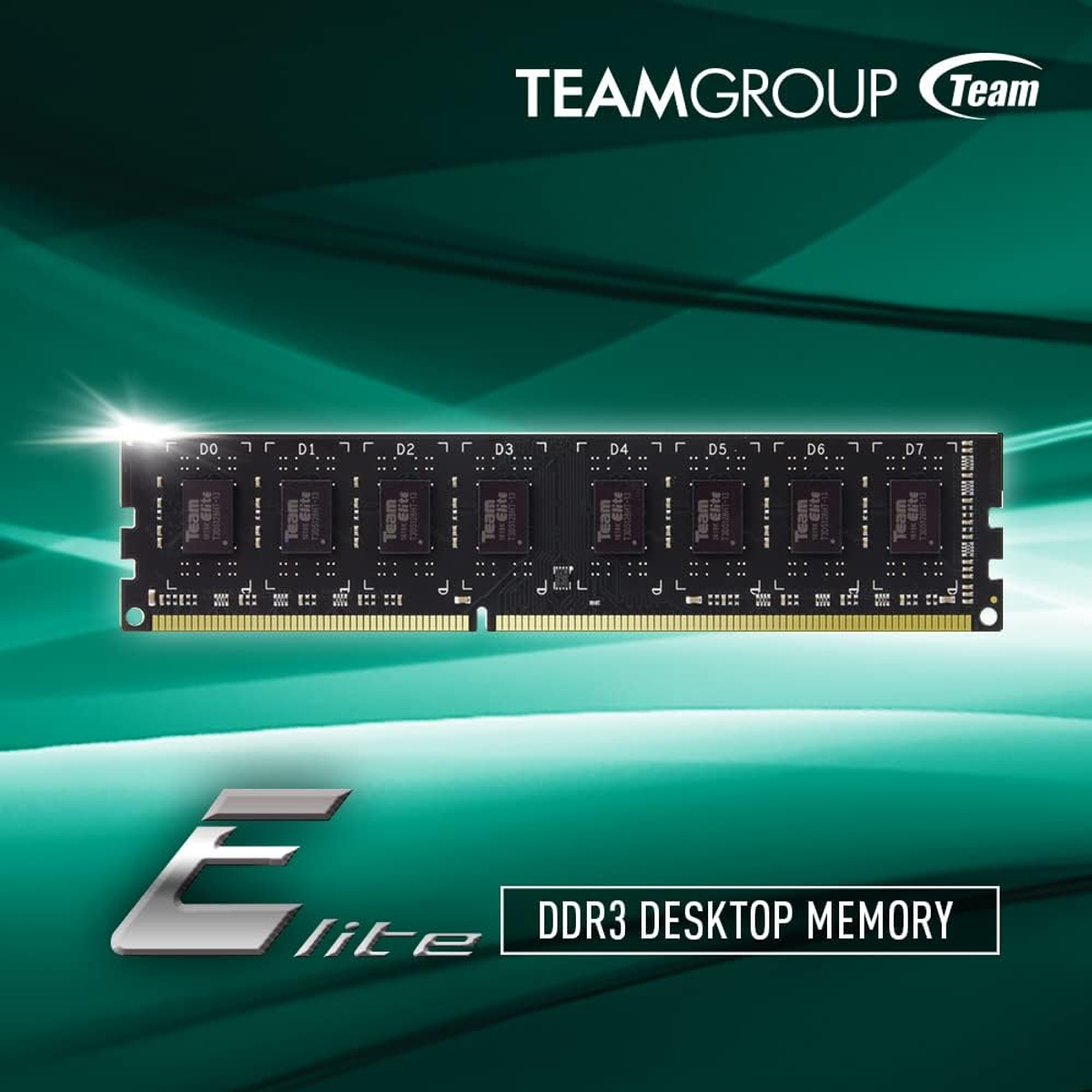 Czarno-złoty moduł RAM z tekstem 'TEAMGROUP' i 'DDR3 DESKTOP MEMORY'.