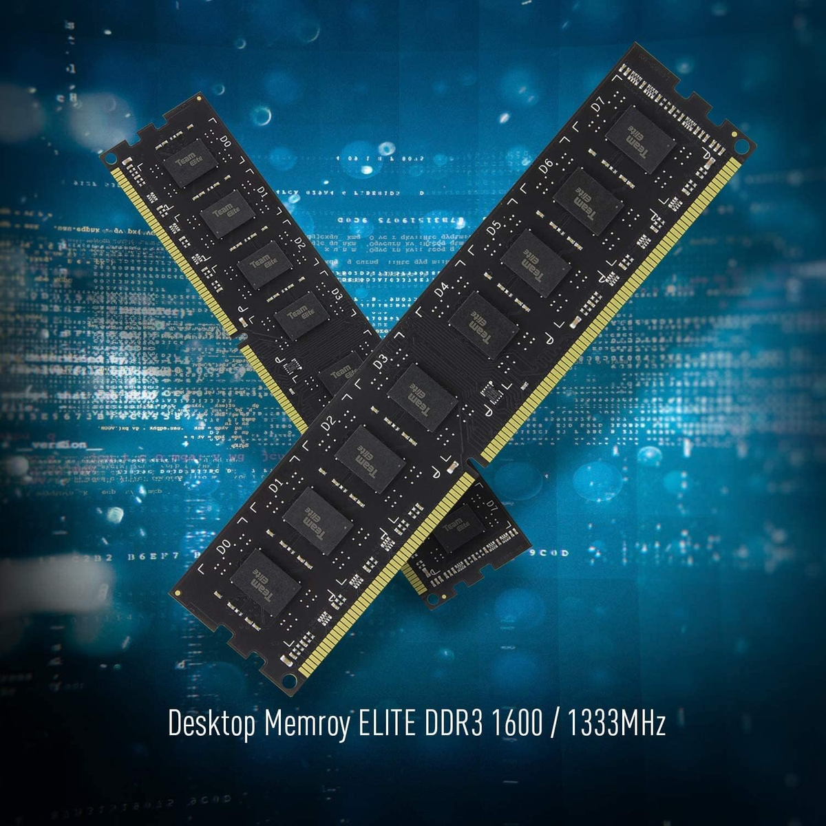Dwa skrzyżowane moduły RAM z czarnymi płytkami obwodów. Napisano "Desktop Memroy ELITE DDR3".
