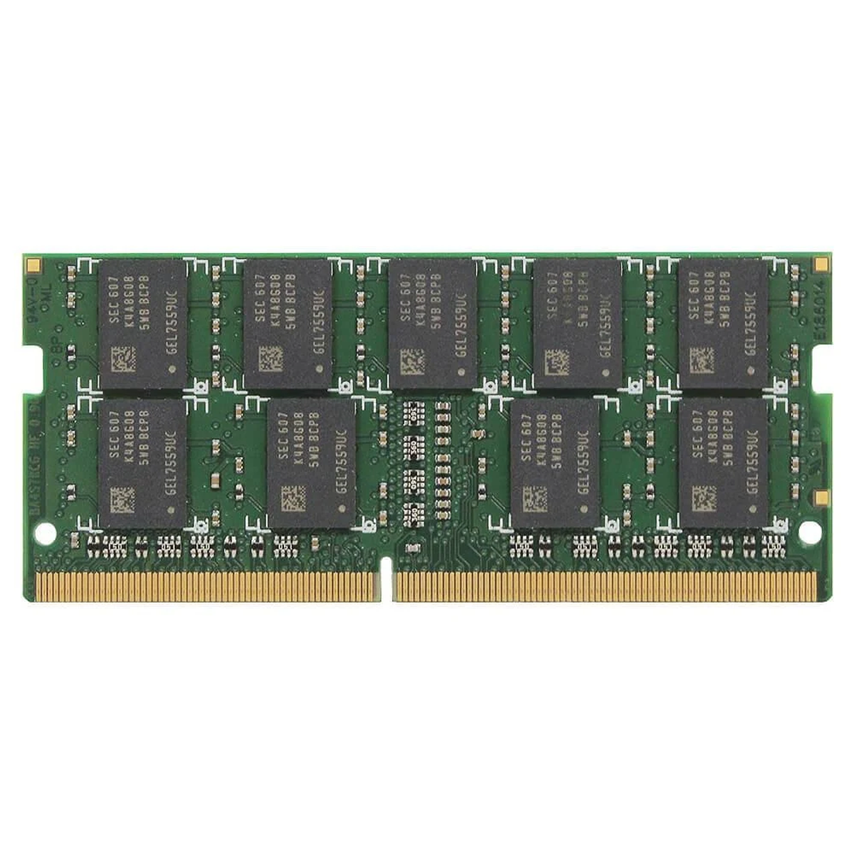 Moduł RAM z wieloma układami. Układy mają na sobie tekst.